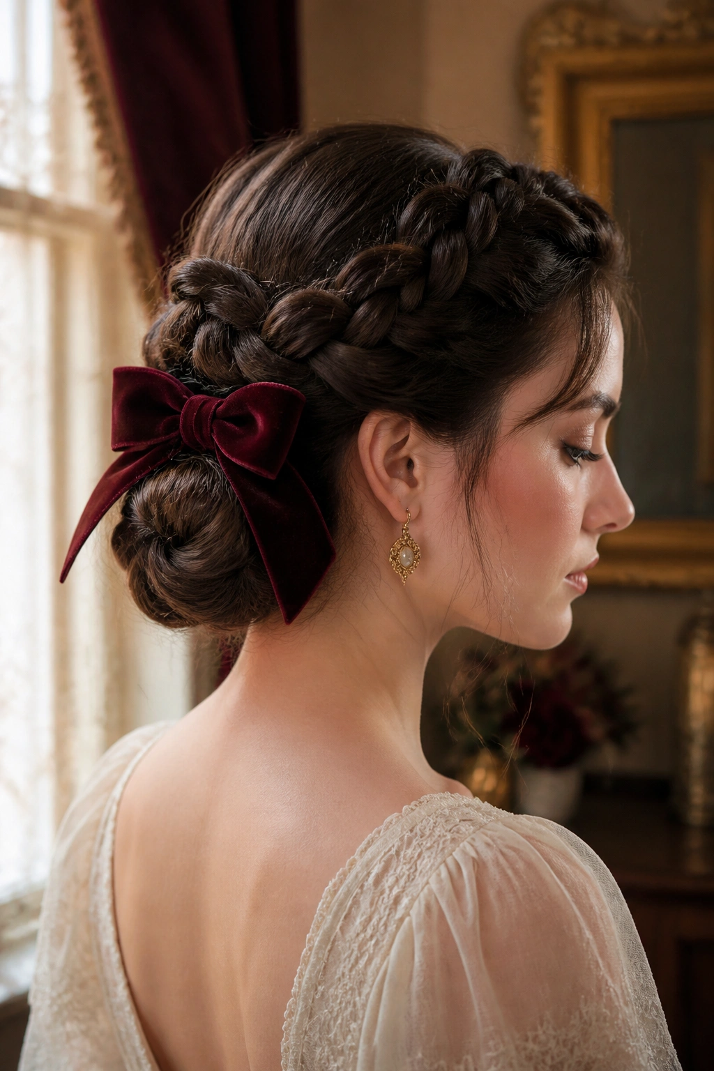 Close-up of a real woman's braided chignon with velvet bow at the nape in warm indoor light