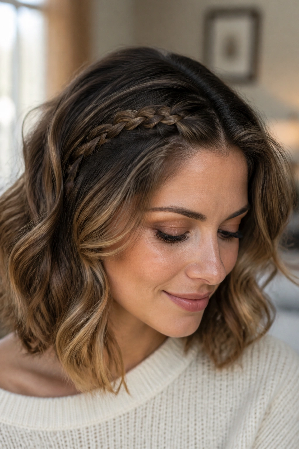 Close-up of a real person with a small braid at the hairline among soft waves