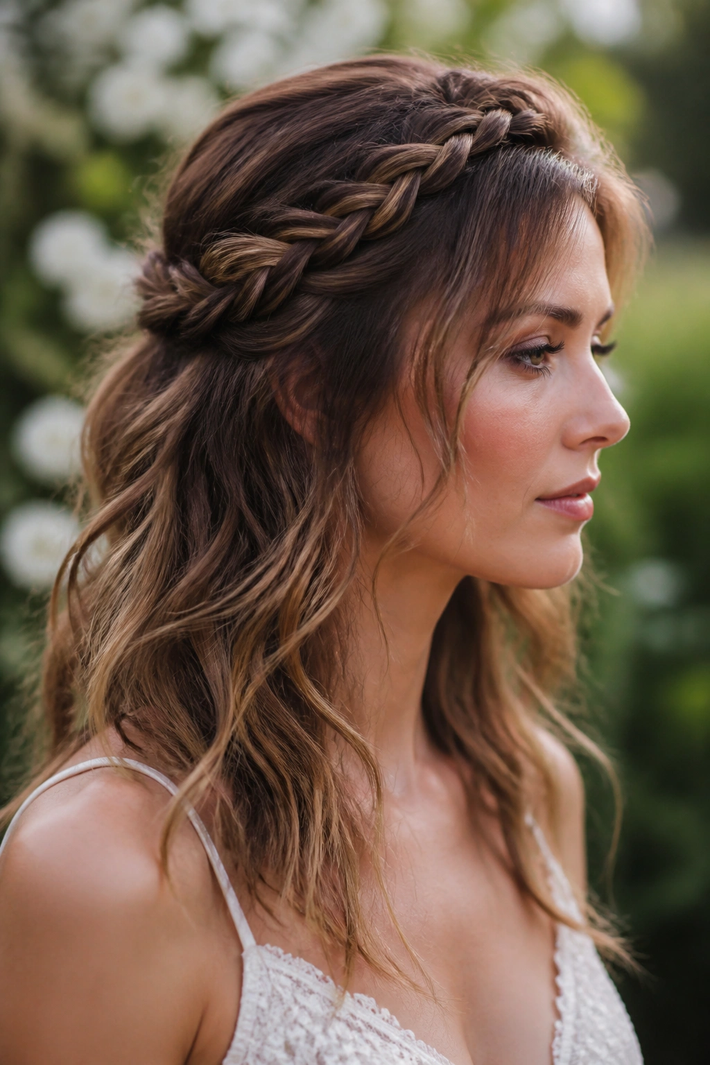 Close-up of bride with a loose braided crown in soft boho style