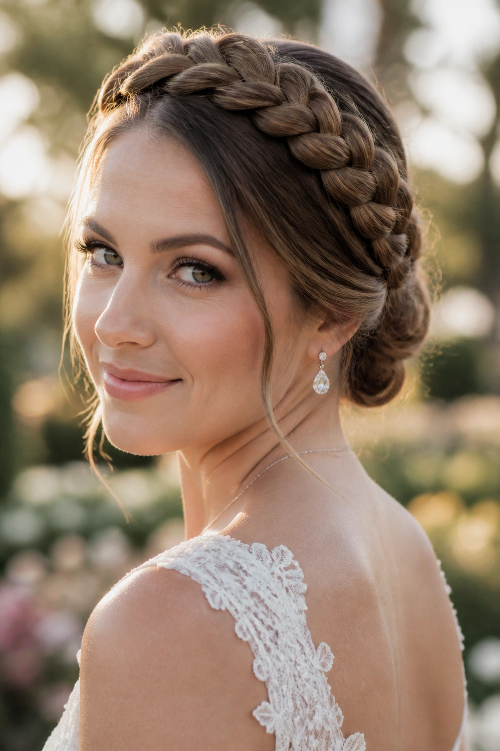 Close-up bride with braided crown updo in garden setting