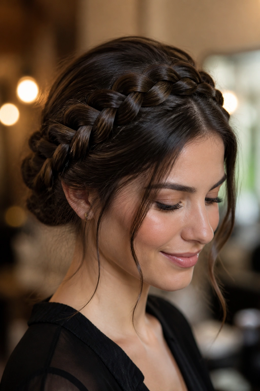 Brunette with a softly loosened braided crown behind the ears.
