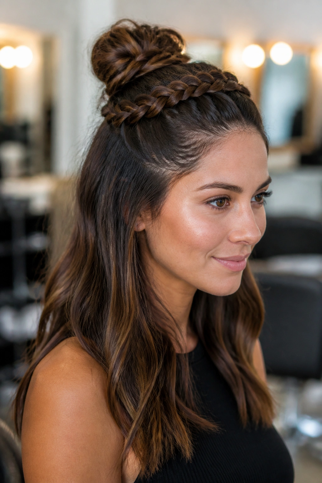 Close-up portrait of a real woman with a crown braid forming a bun and loose length.