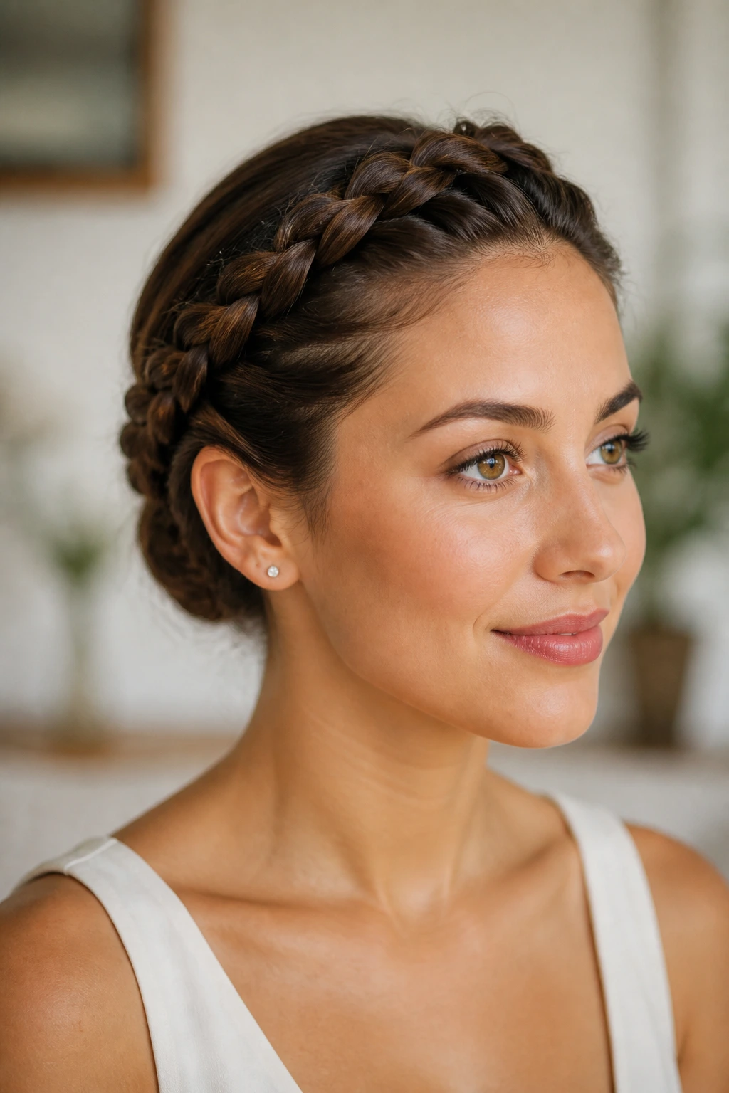 Close-up of a real woman with a crown braid forming a bun at the back.