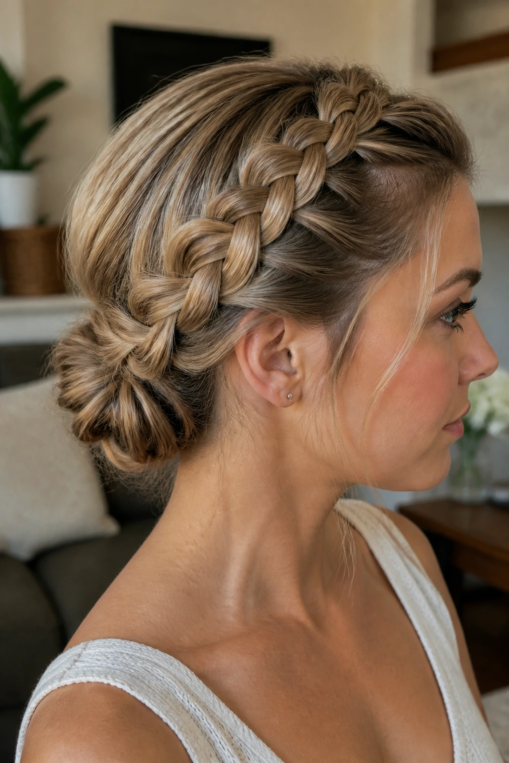 Close-up of a real person wearing a braided crown around the head into a bun.