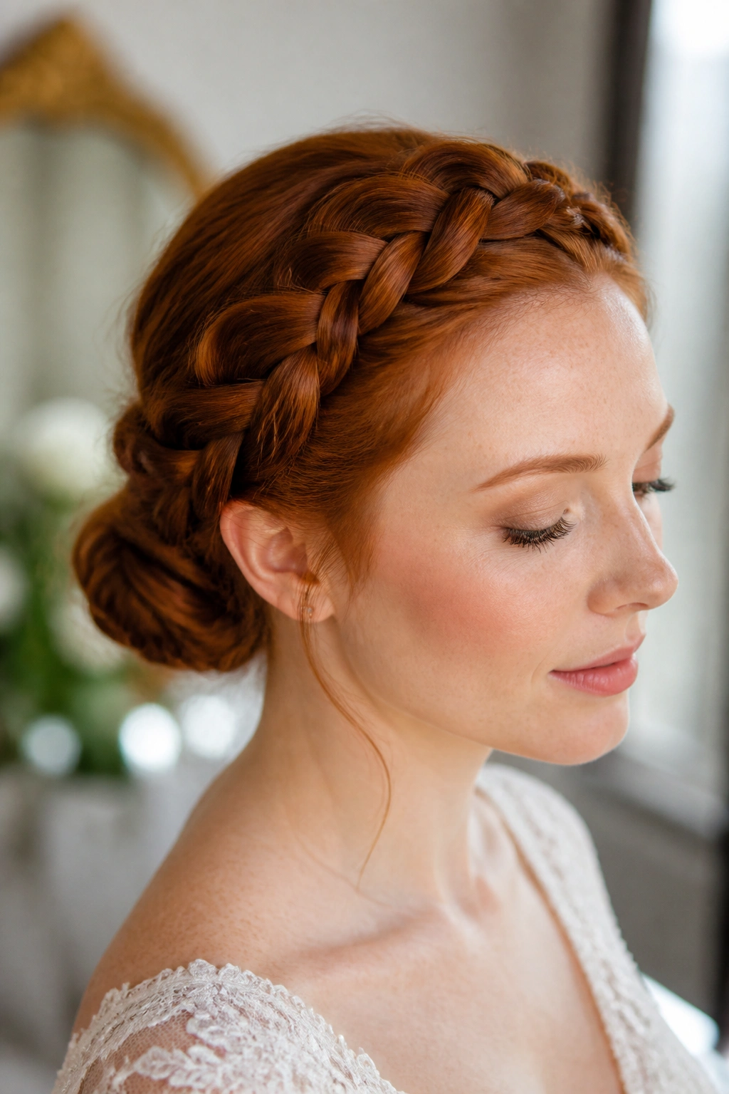 Close-up of a real woman wearing a crown braid that hugs the hairline.