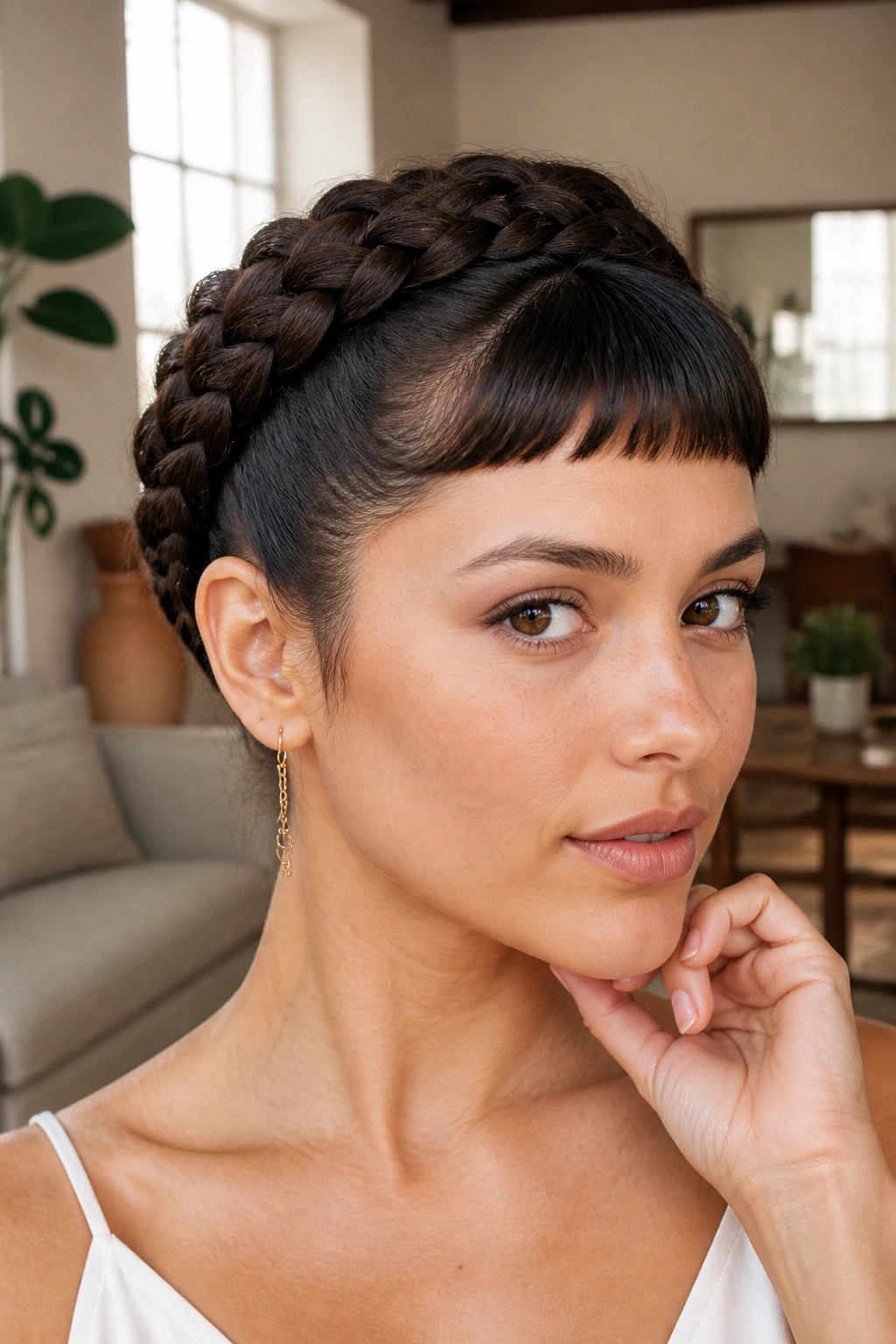 Portrait of a woman with a braided crown bun and baby bangs in daylight