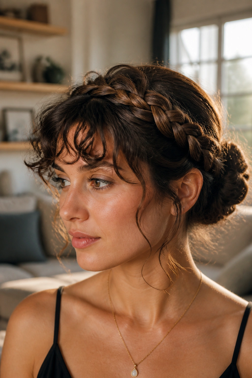 Close-up of a real woman with a braided crown bun and soft curly fringe.