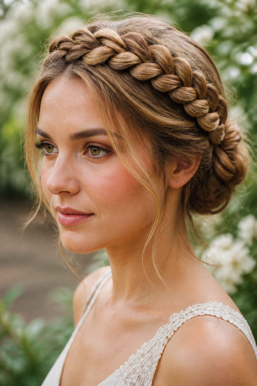 Close-up of a woman with a braided crown bun in a garden