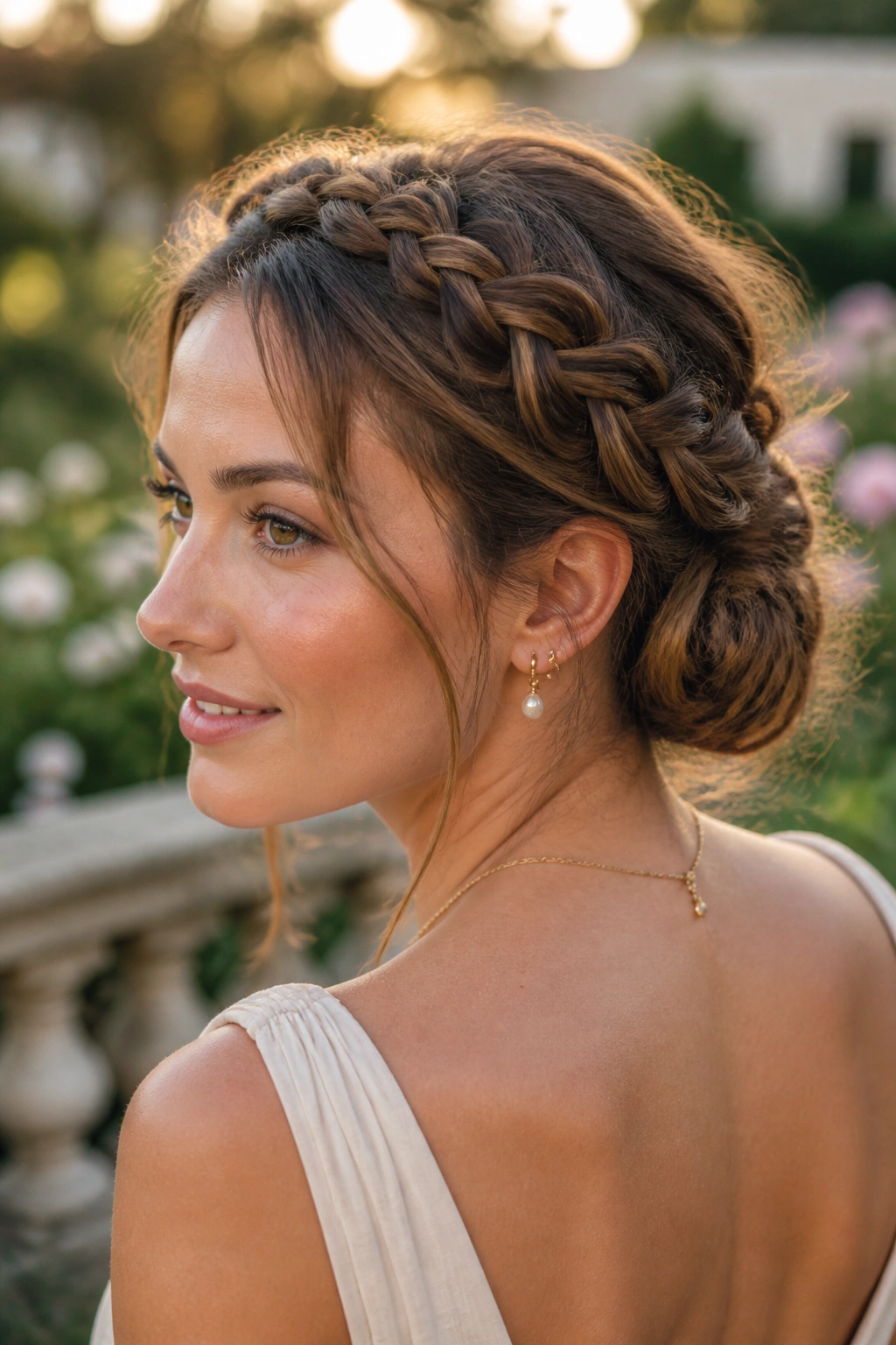 Close-up portrait of a real woman with a loose braided crown bun in golden hour garden light