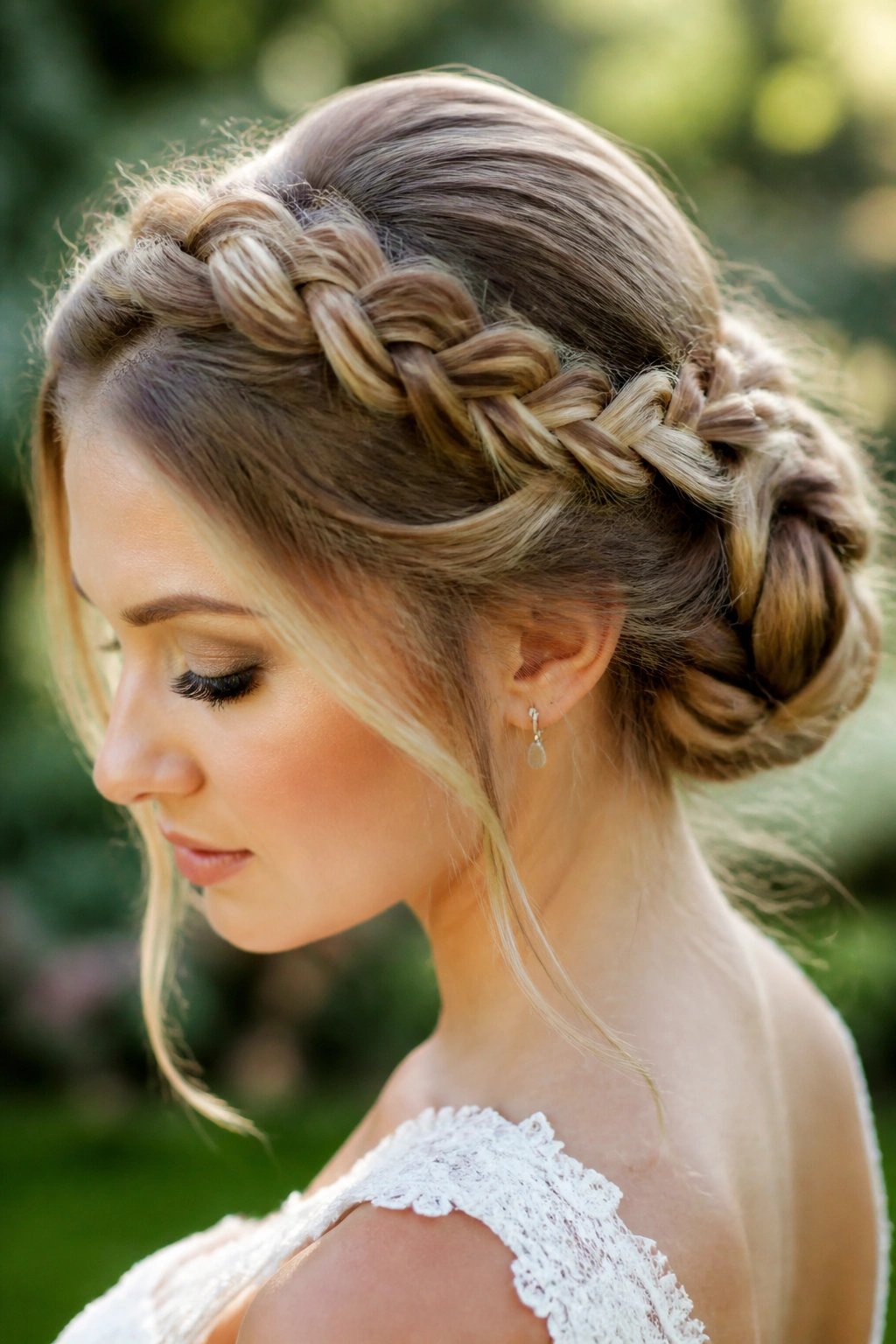 Close-up of bride with braided crown bun