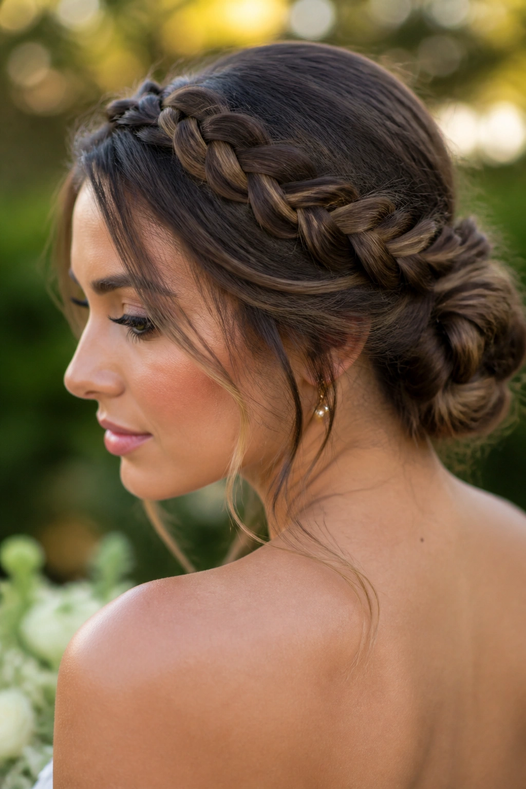 Close-up of a real woman wearing a braided crown bun