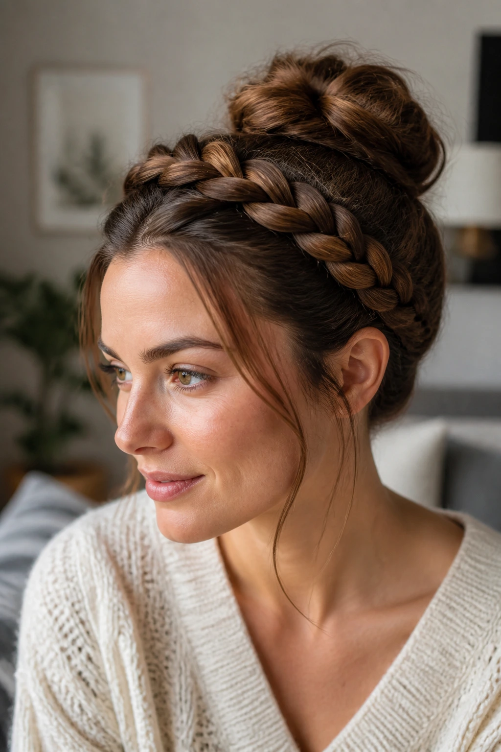 Close-up of a real woman with a braided crown bun