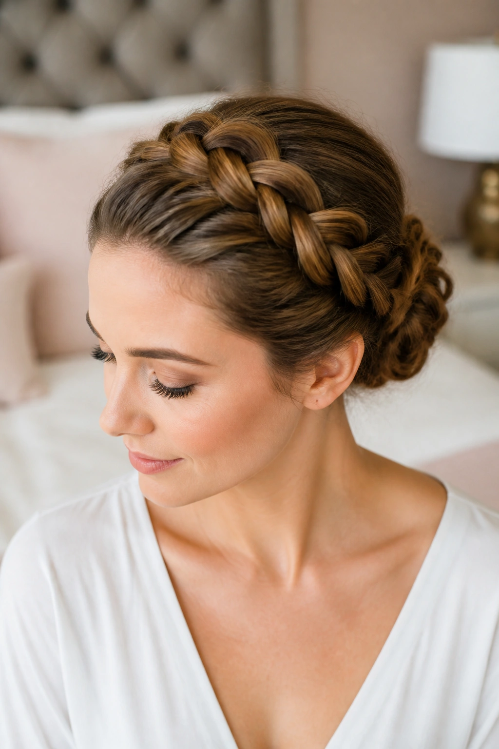 Real woman wearing a crown braid that forms a bun at the back of her head.