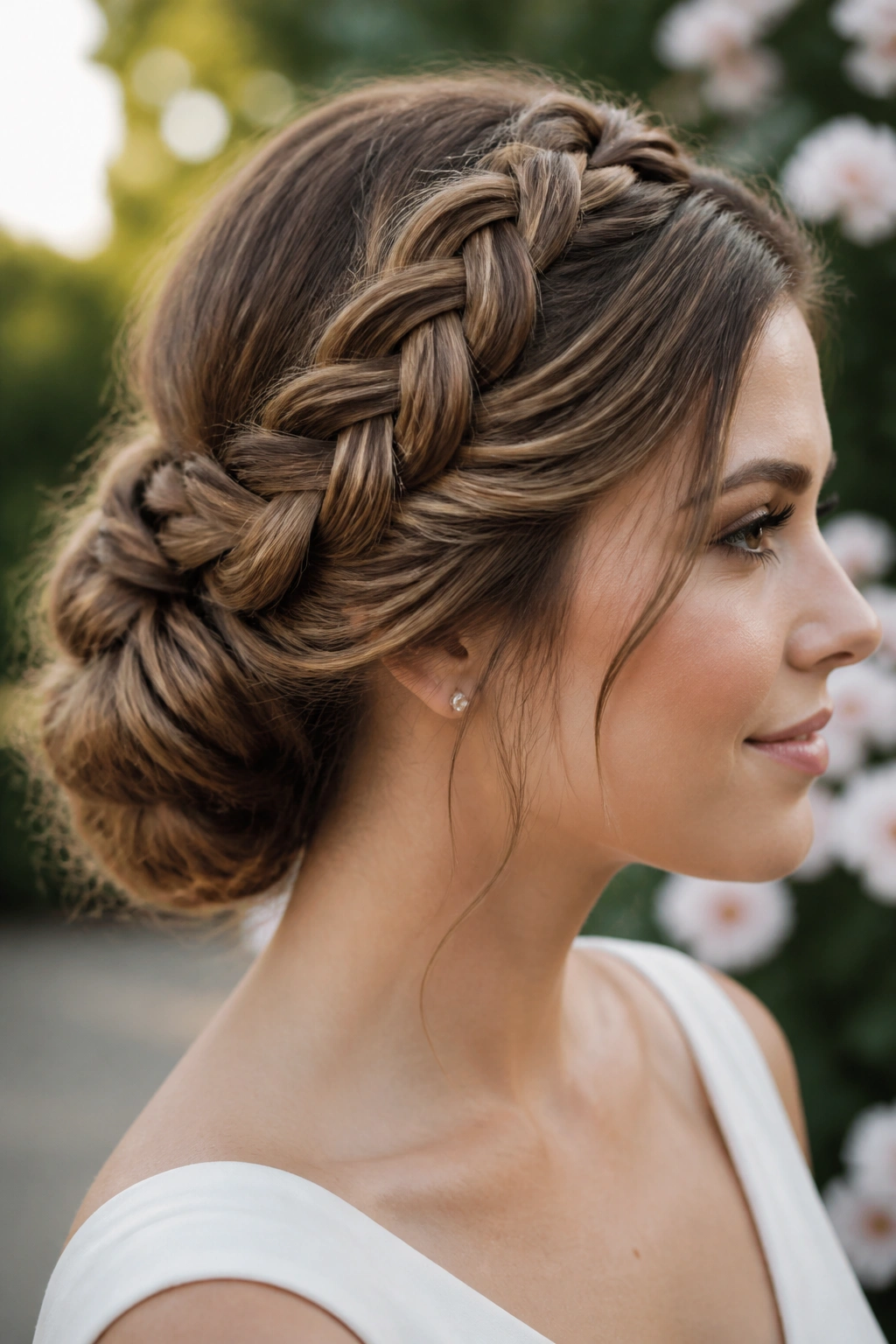 Close-up of a real woman with a braided crown bun.