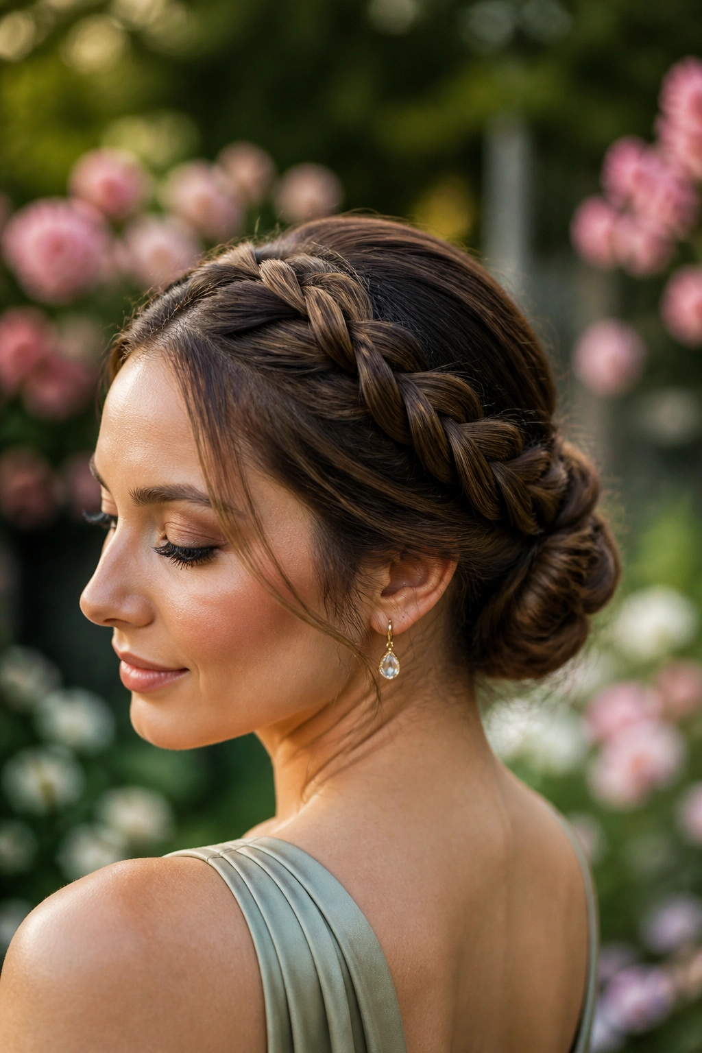 Close-up of a real woman wearing a Braided Crown Chignon in a garden ceremony setting