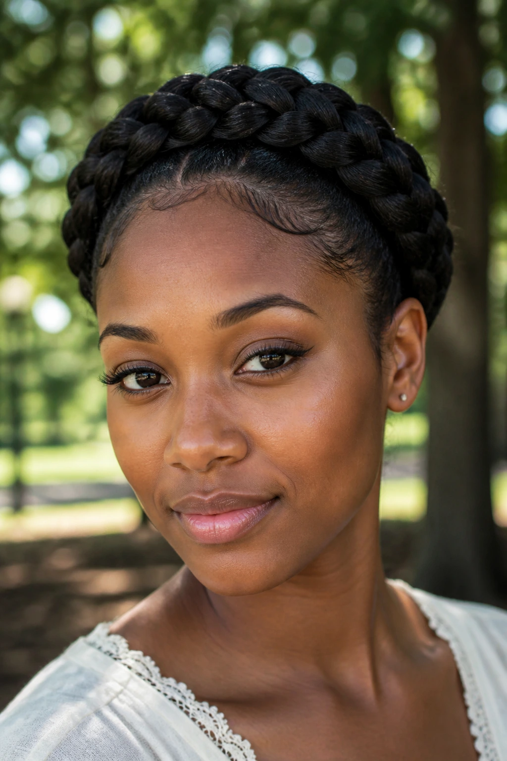 Close-up of real woman wearing a braided crown