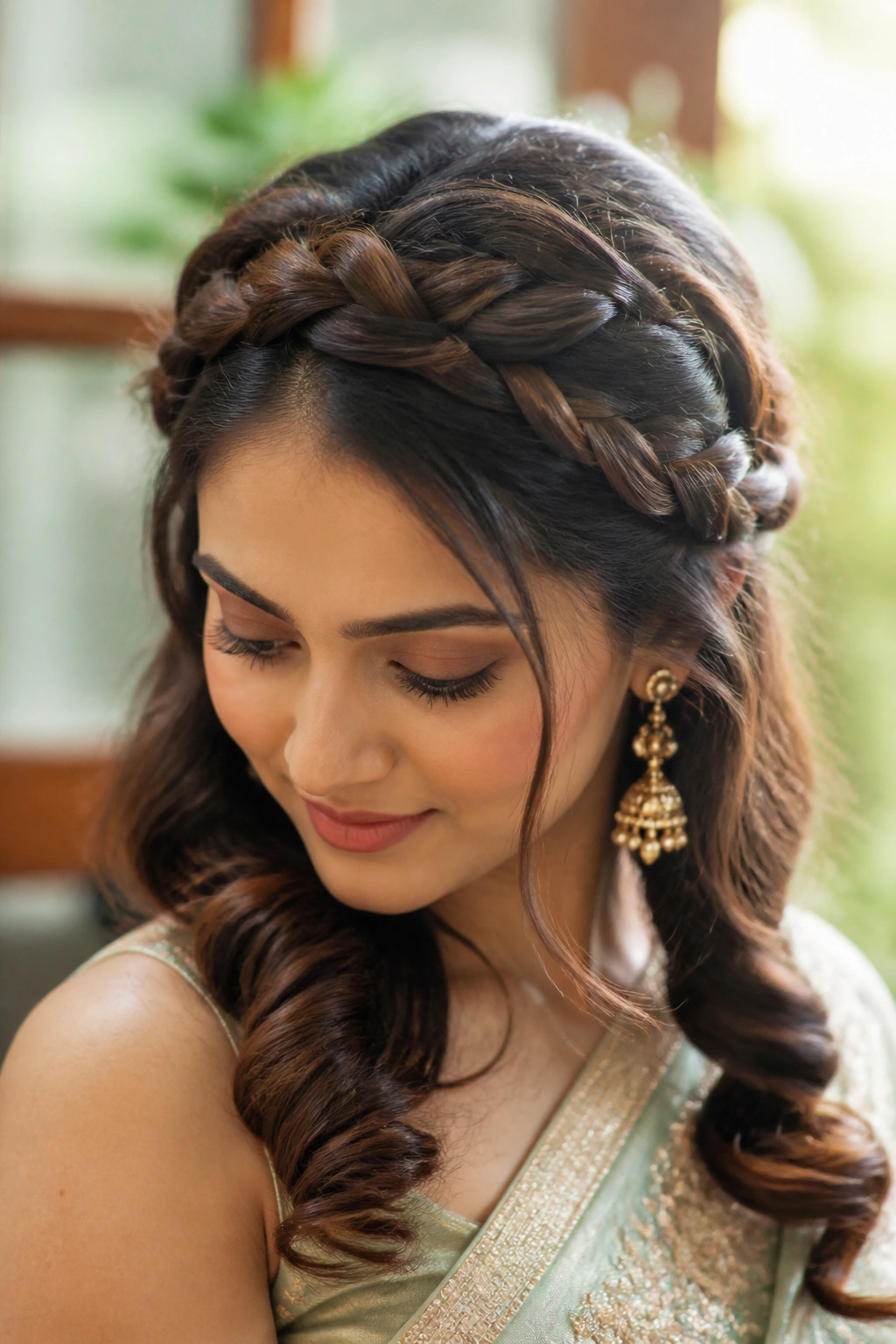 Close-up of a real woman with a braided crown and loose curls
