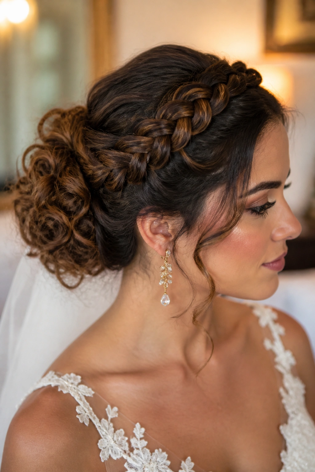 Close-up of a real bride with a braided crown merged into a curly bun