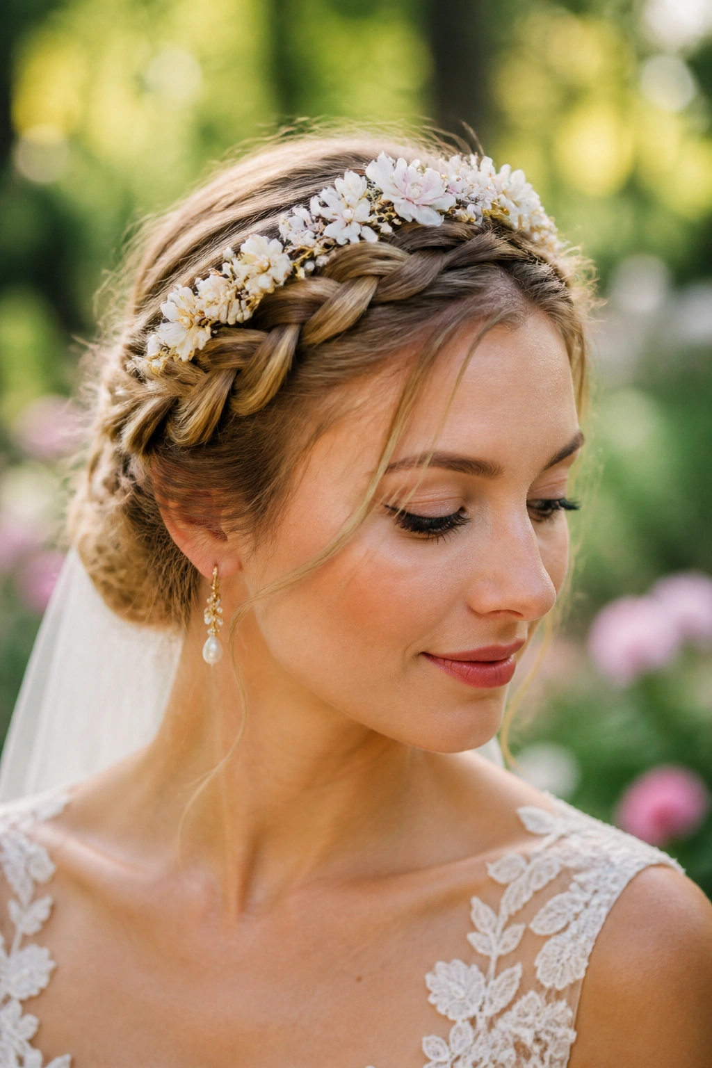 Medium close-up of a bride wearing a braided crown with floral tiara in a garden setting