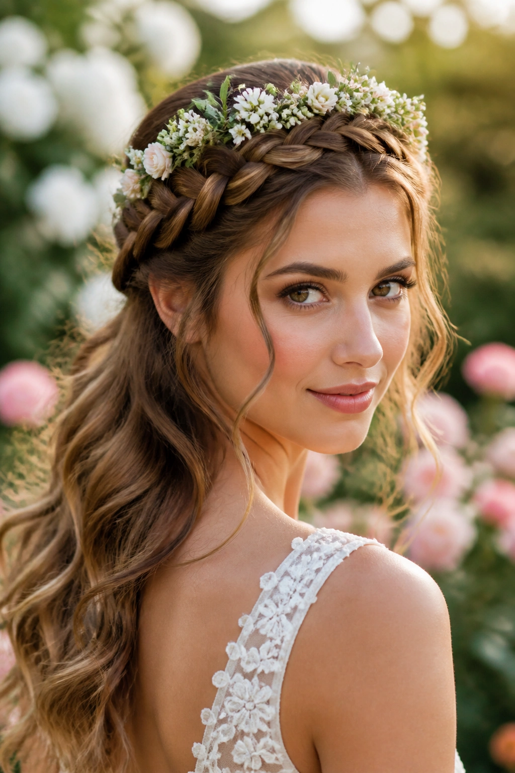 Close-up of a bride with braided crown and floral tiara in garden light.