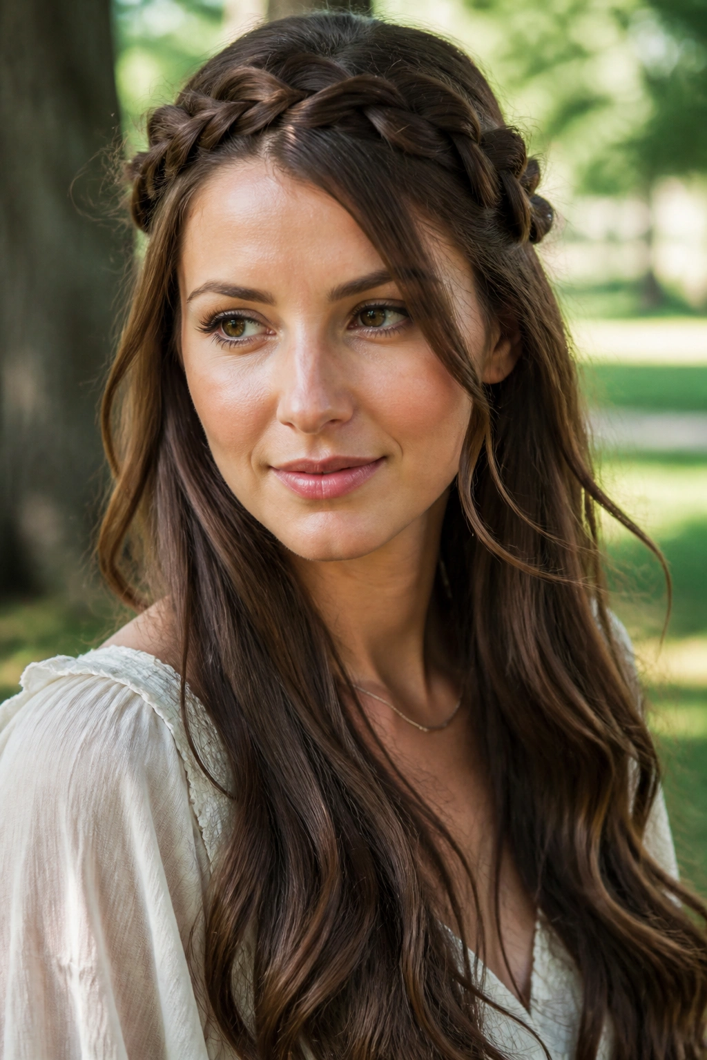Close-up of a real woman wearing a loose braided crown with flowing brunette hair.
