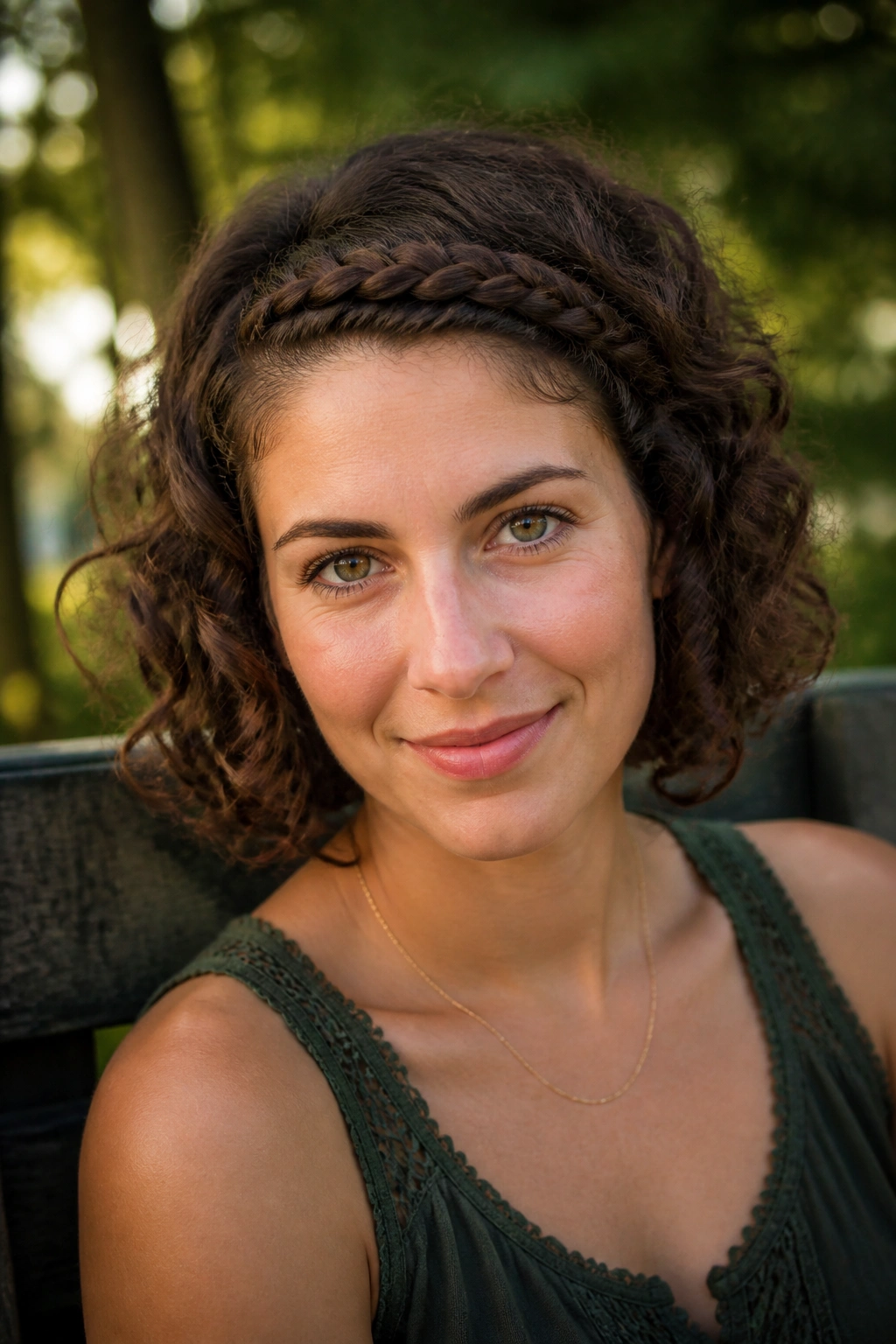 Close-up of a woman with a braided crown across the front hairline on a curly bob