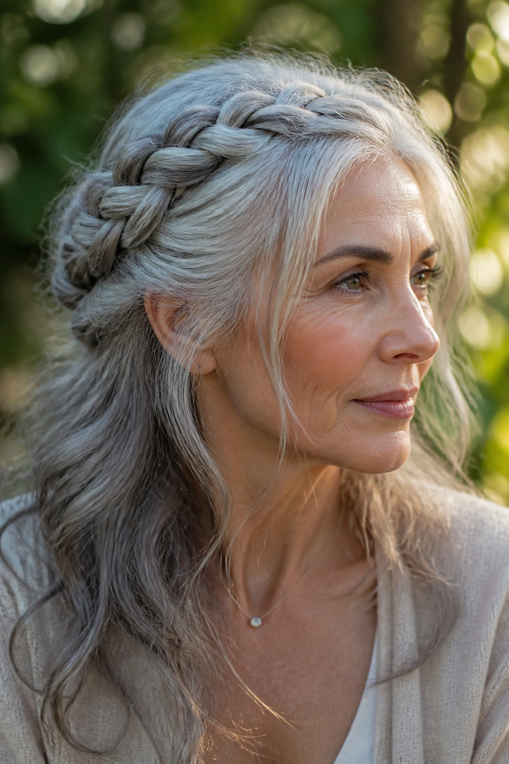 Close-up of a real woman wearing a loose braided crown on silver-gray hair outdoors