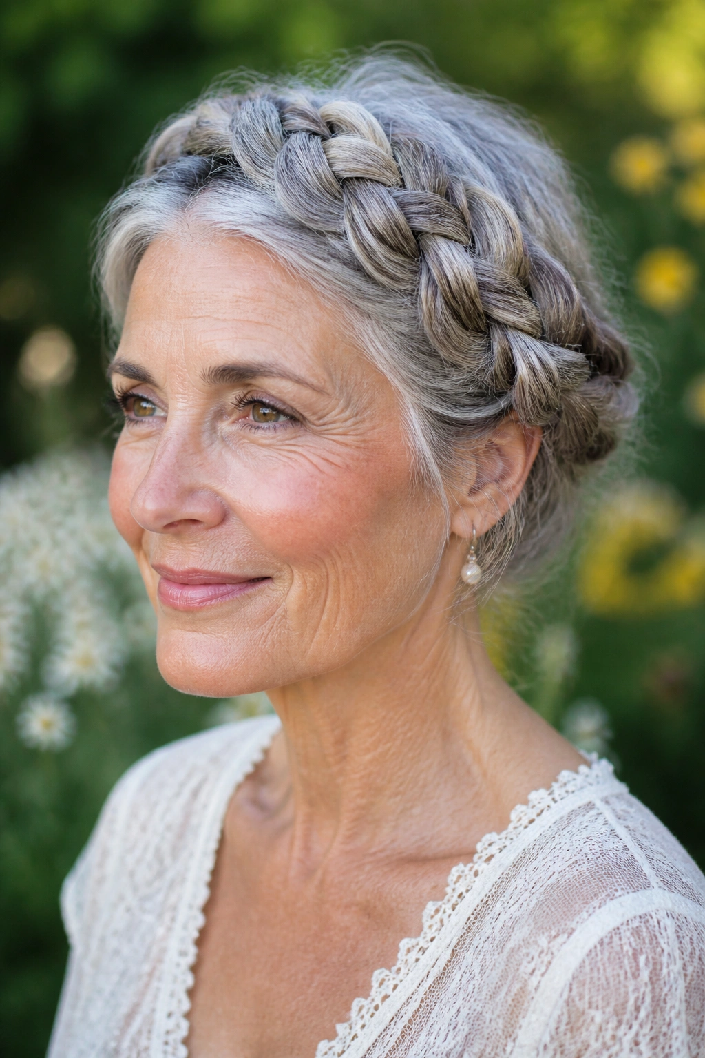 Close-up of a woman wearing a braided crown with thick gray hair