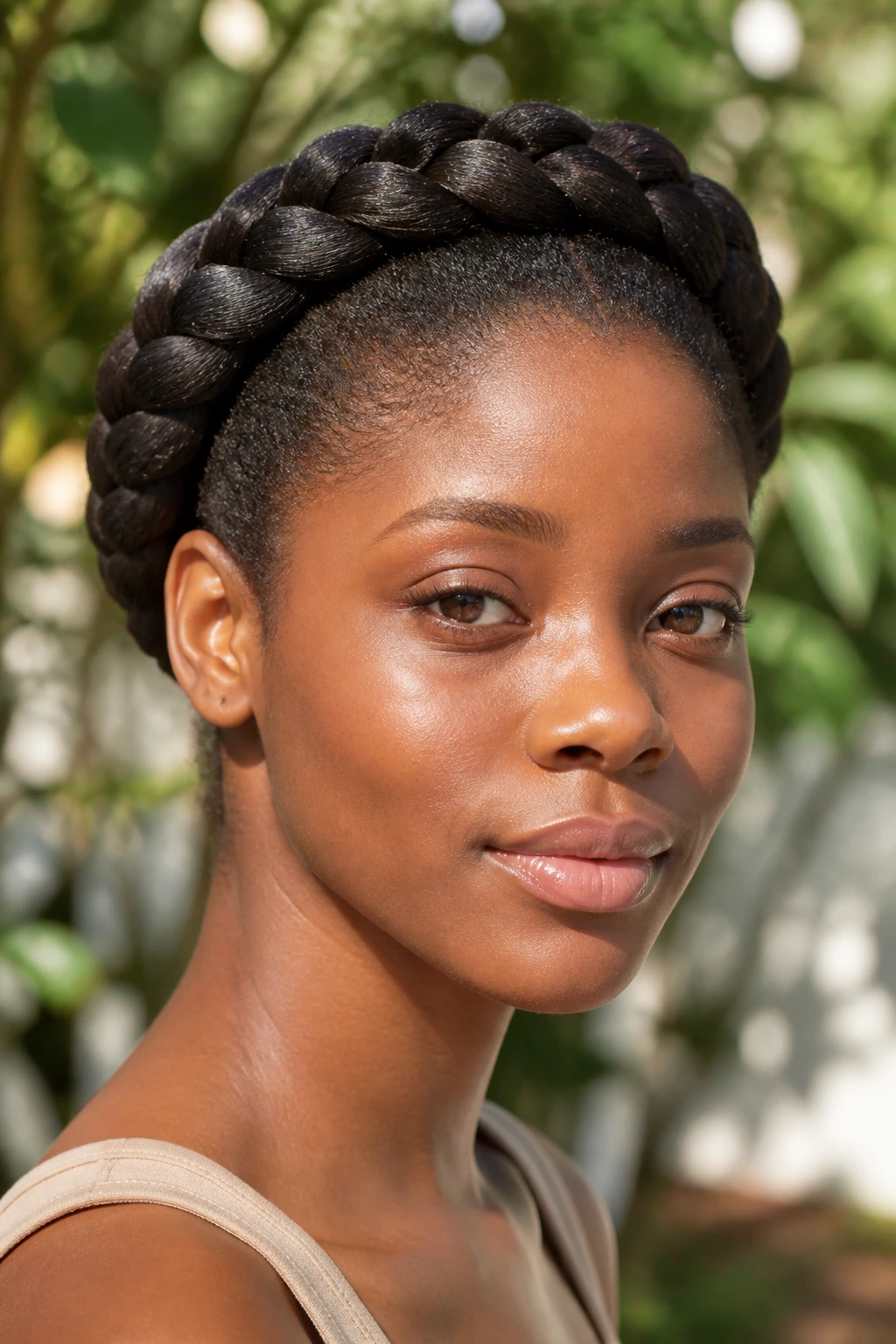 Close-up of woman with braided crown around her head in garden light