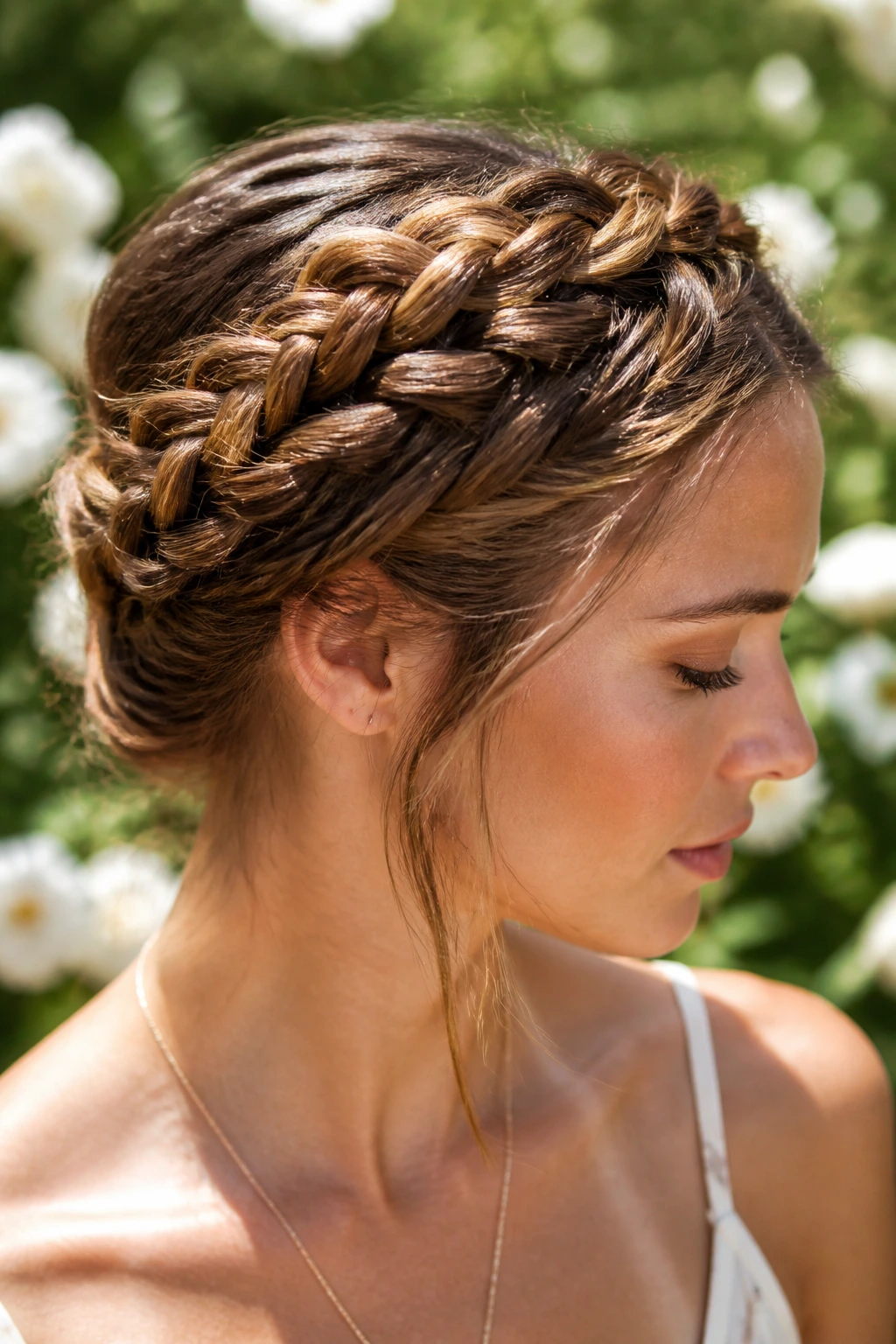 Portrait of a real woman with a braided crown around her head in natural daylight.