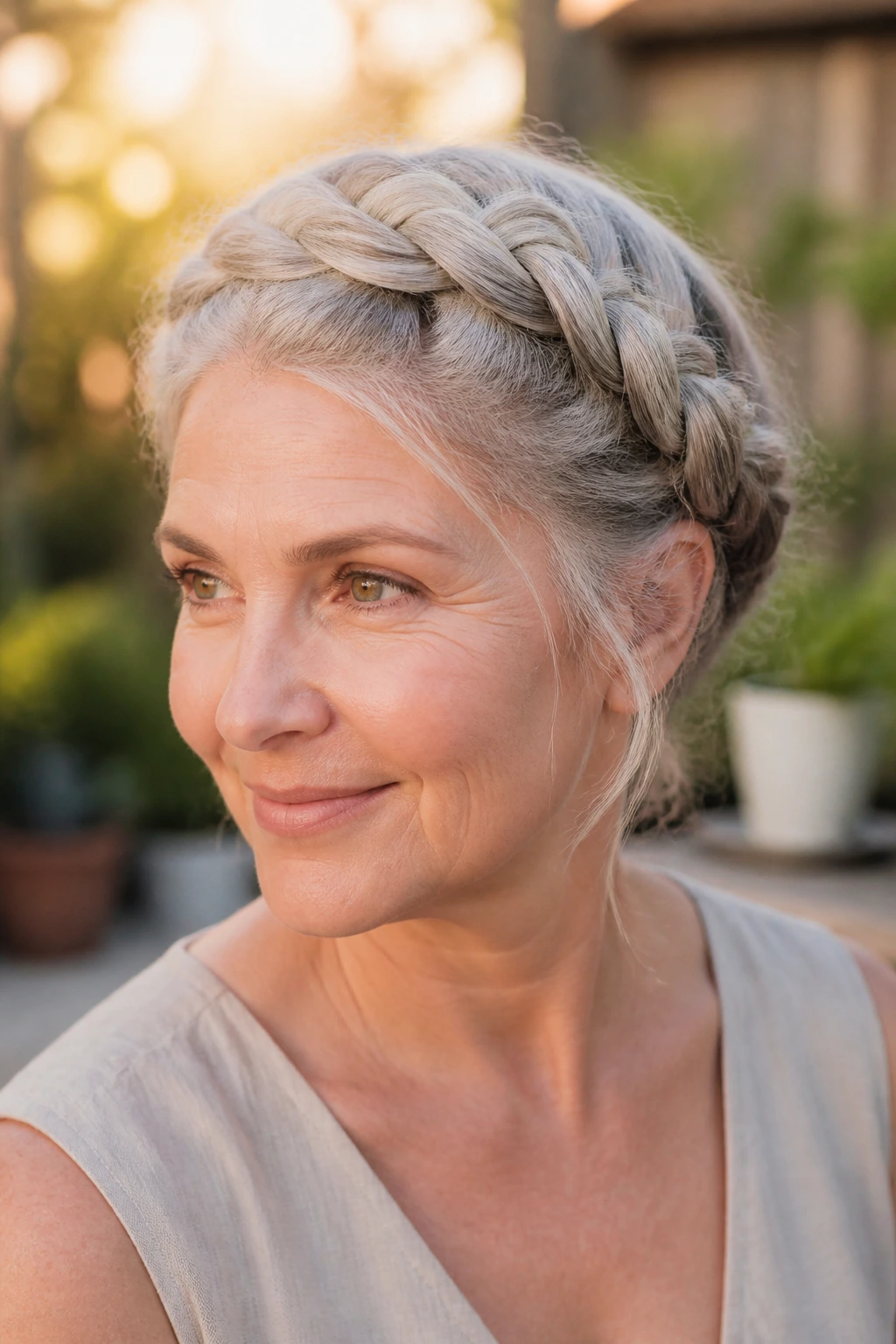 Close-up of a real woman with a crown braid in silver-gray hair outdoors during golden hour