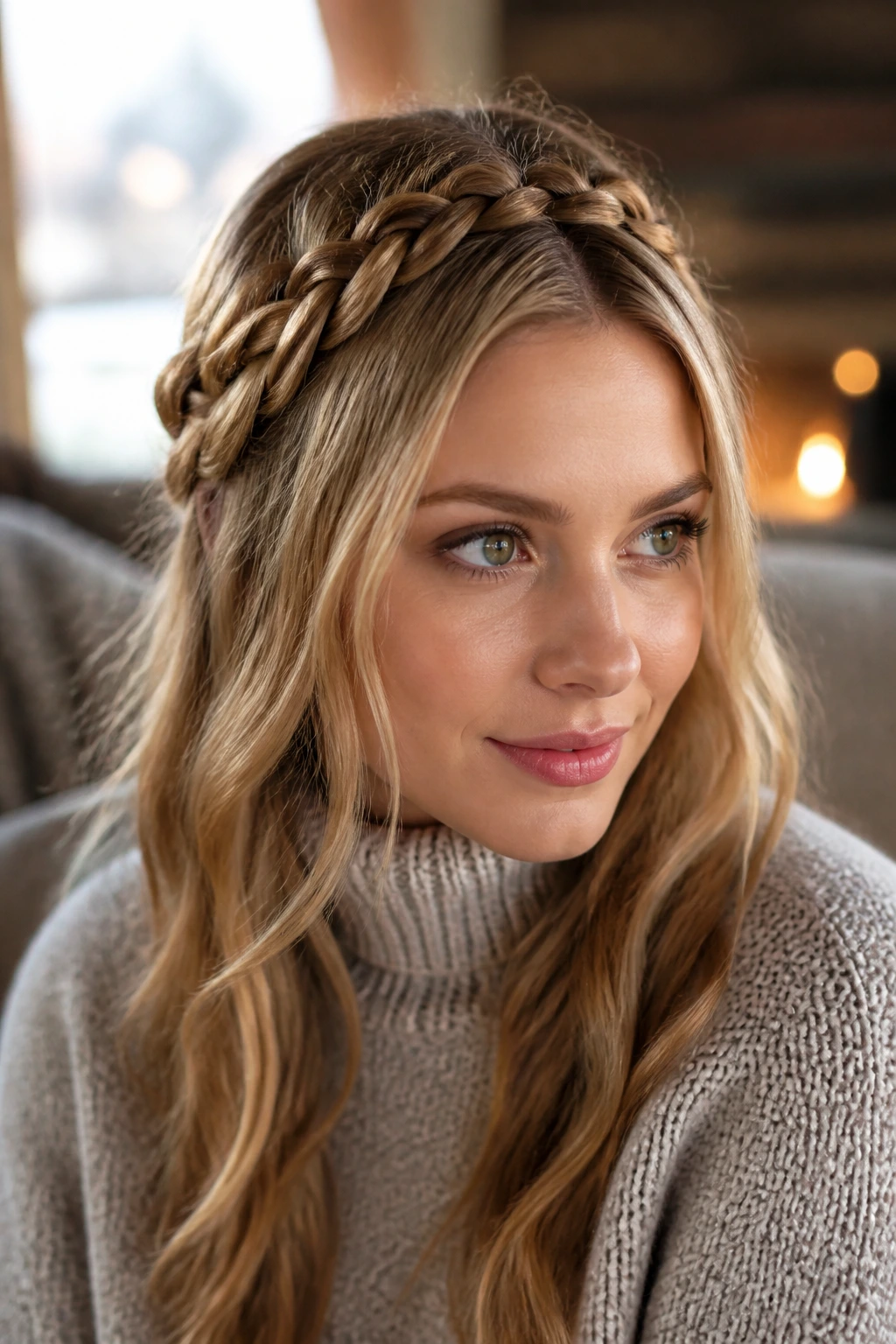 Close-up portrait of a real woman wearing a braided crown along the hairline in a cozy winter room