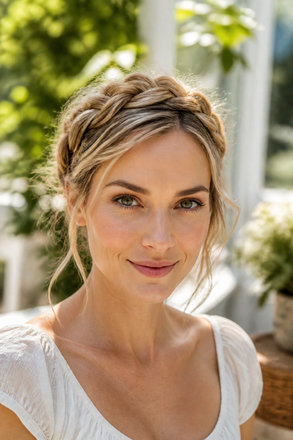 Close-up of a woman wearing a braided crown hairstyle