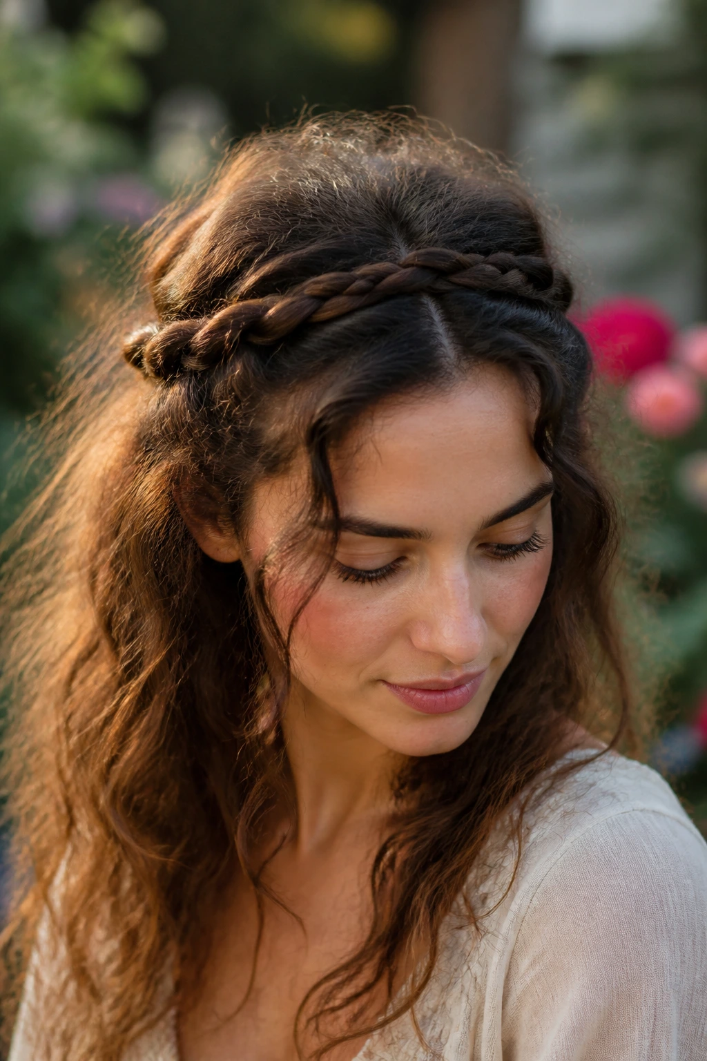 Close-up of a woman wearing a braided crown with frizzy hair