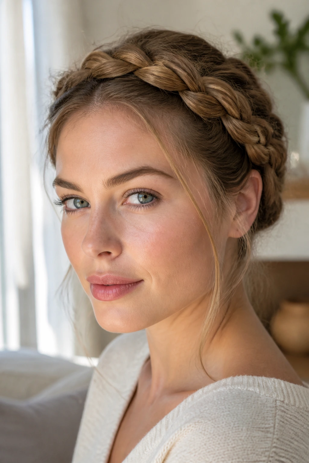 Close-up of a real woman wearing a braided crown around the hairline