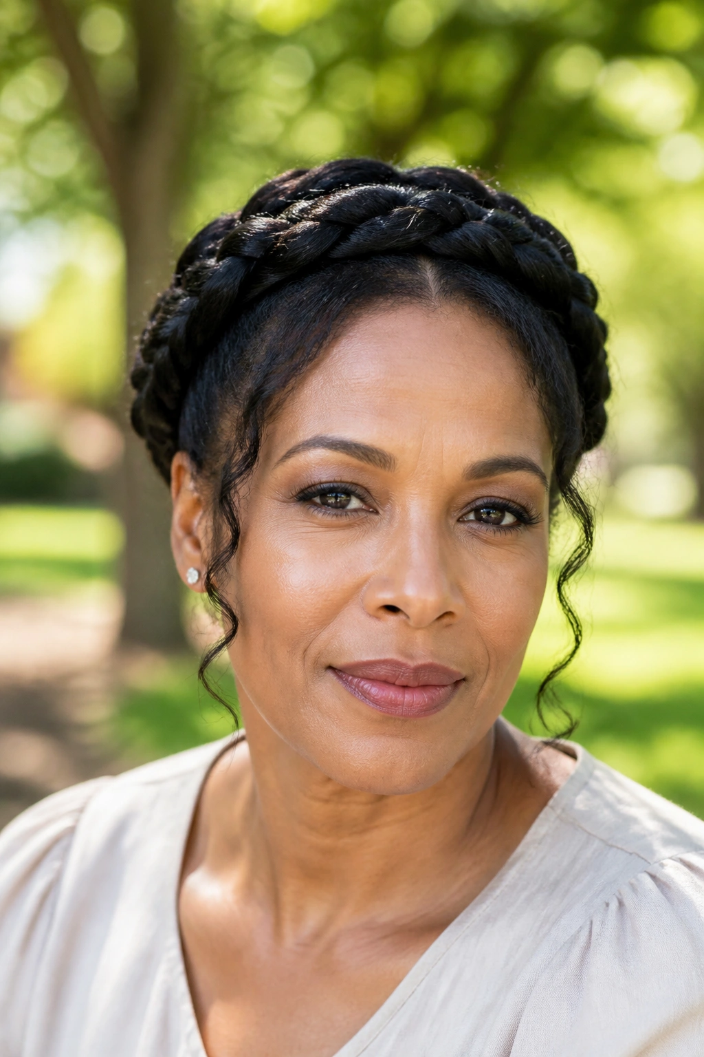 Close-up portrait of a real woman with a braided crown hairstyle.