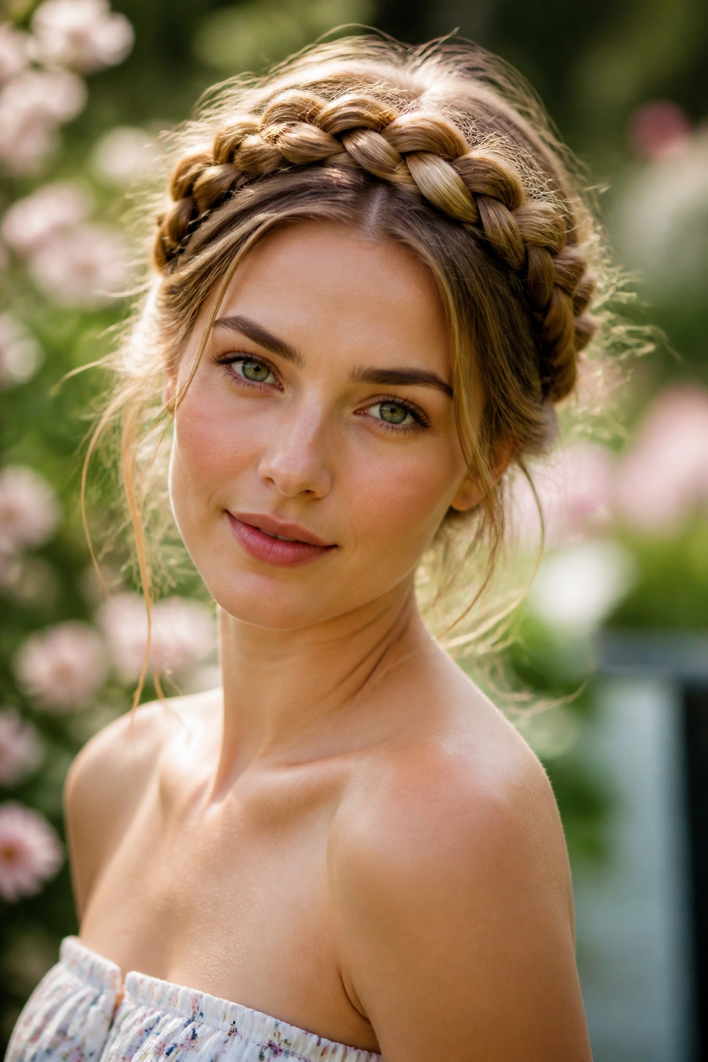 Close-up of a real woman wearing a braided crown