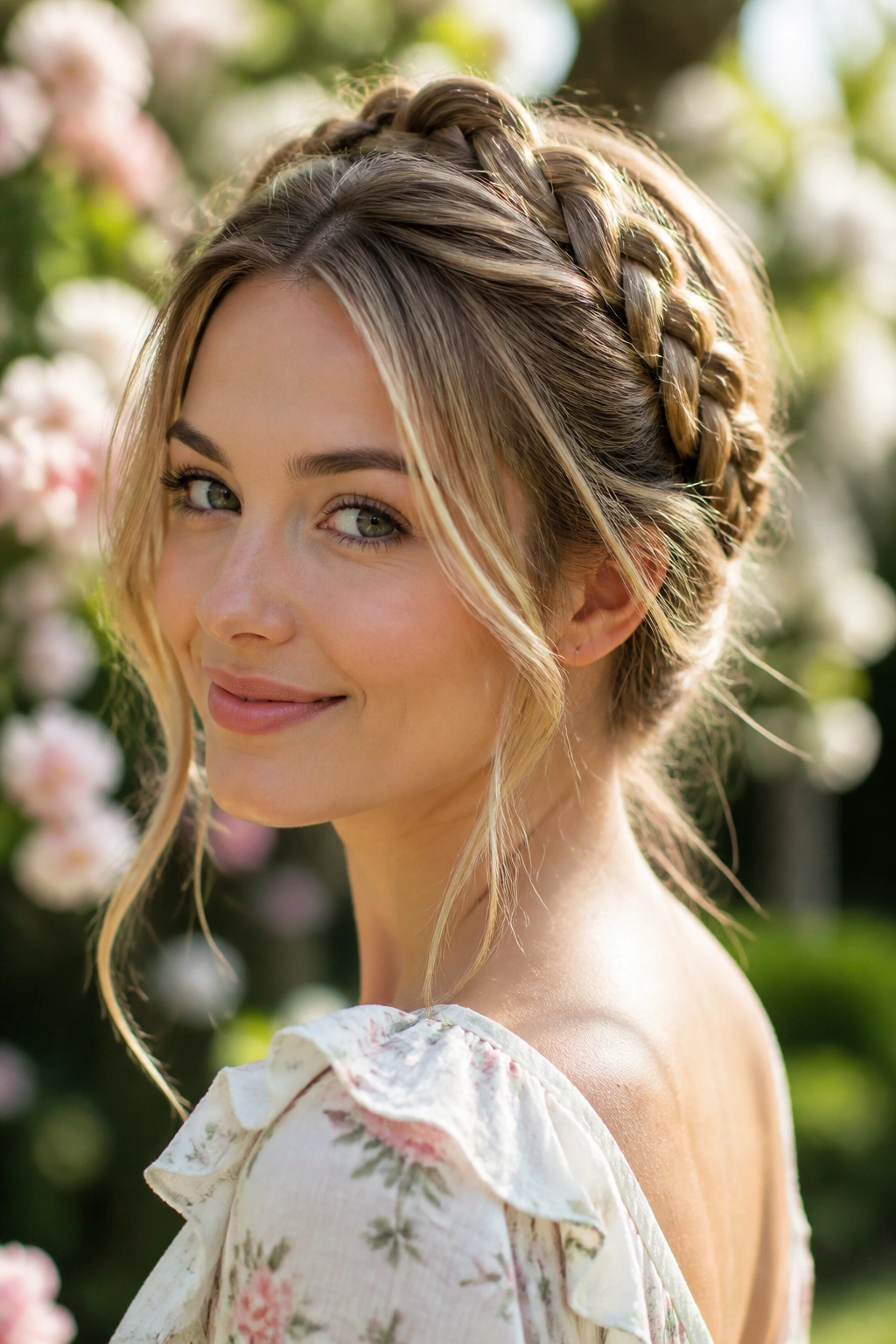 Close-up real-woman portrait wearing a braided crown with loose front pieces