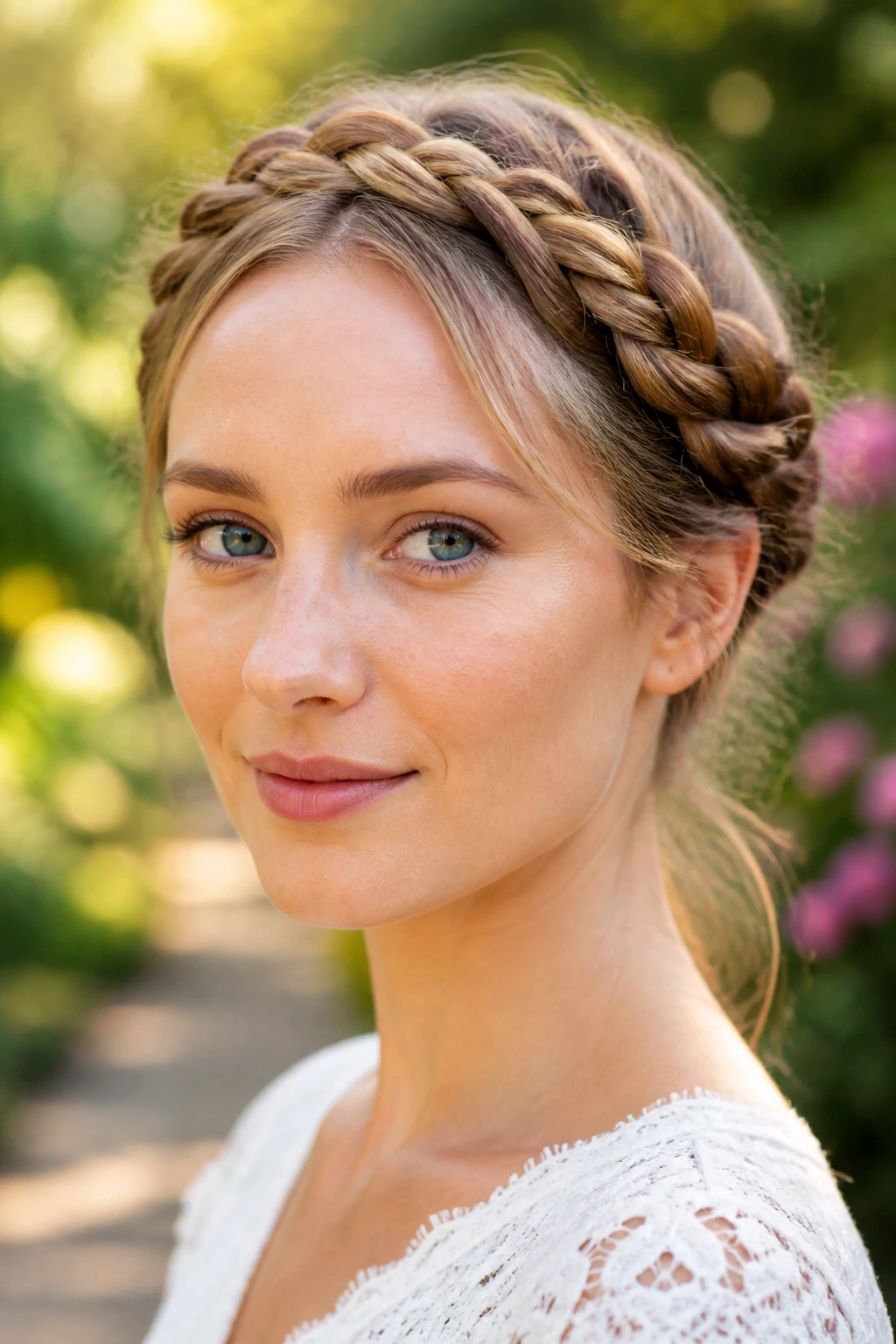 Real woman wearing a soft braided crown in a sunlit garden
