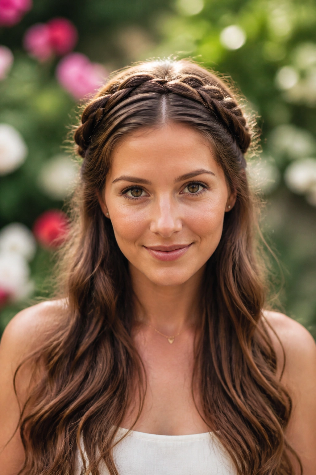 Woman wearing a braided crown half-up with a center part.