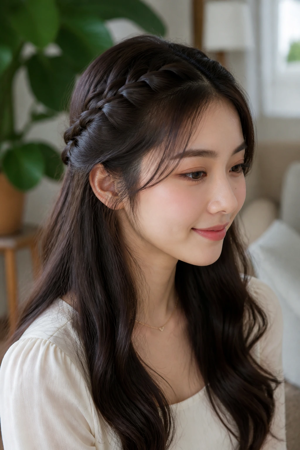 Real woman wearing braided crown half-up hairstyle with loose length