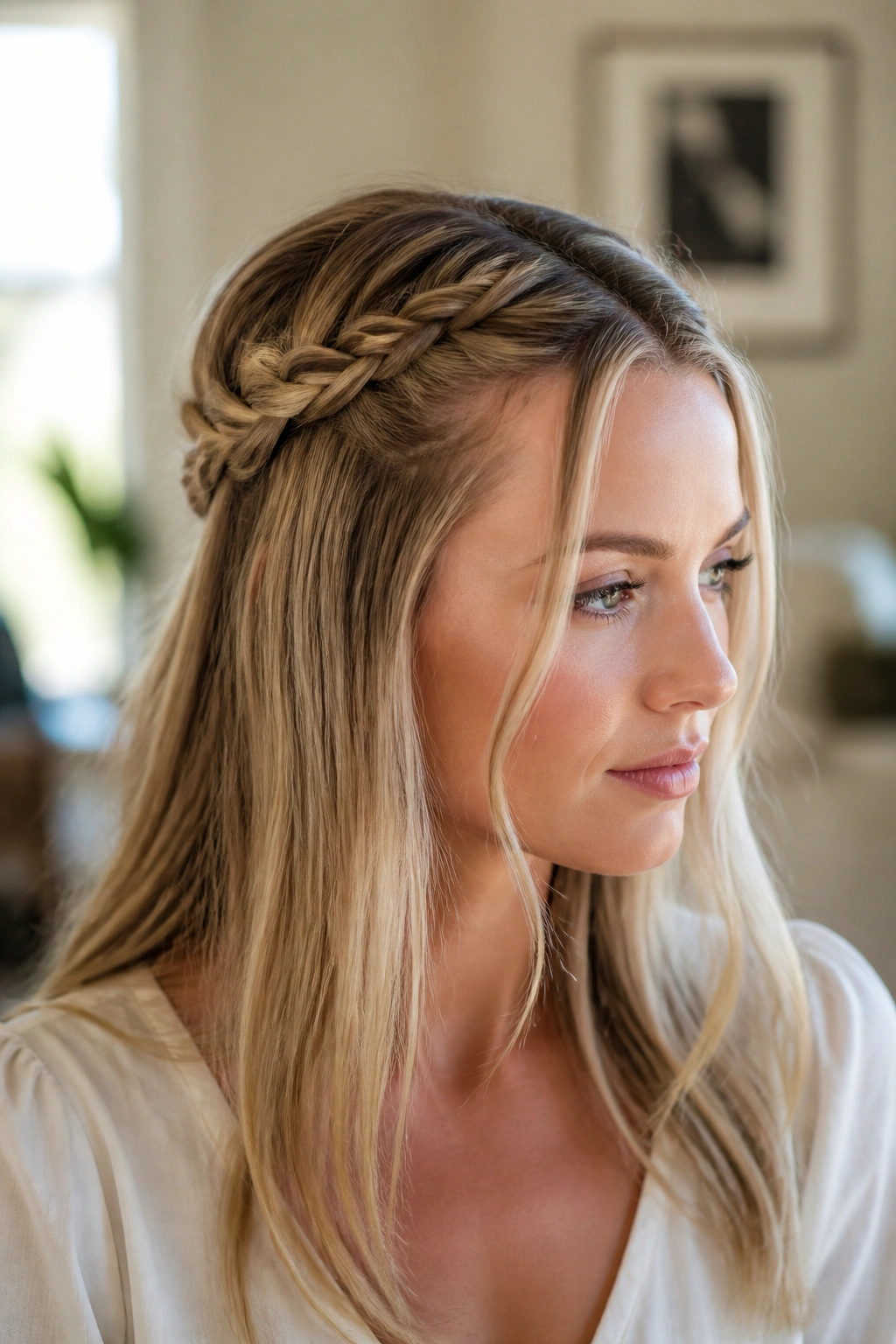 Close-up portrait of woman with two small braids forming half-up crown