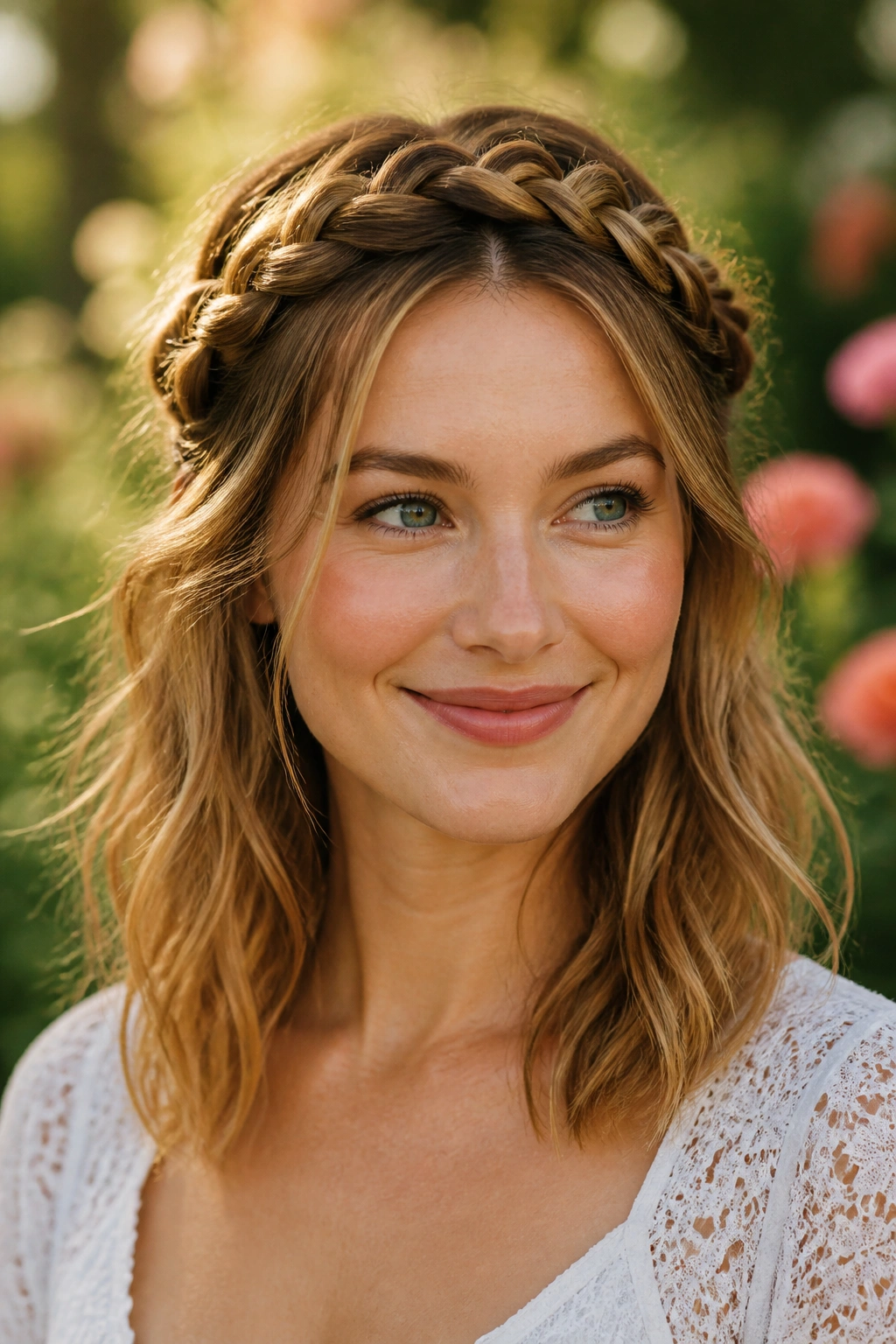 Portrait of a woman wearing a braided crown half-up hairstyle.