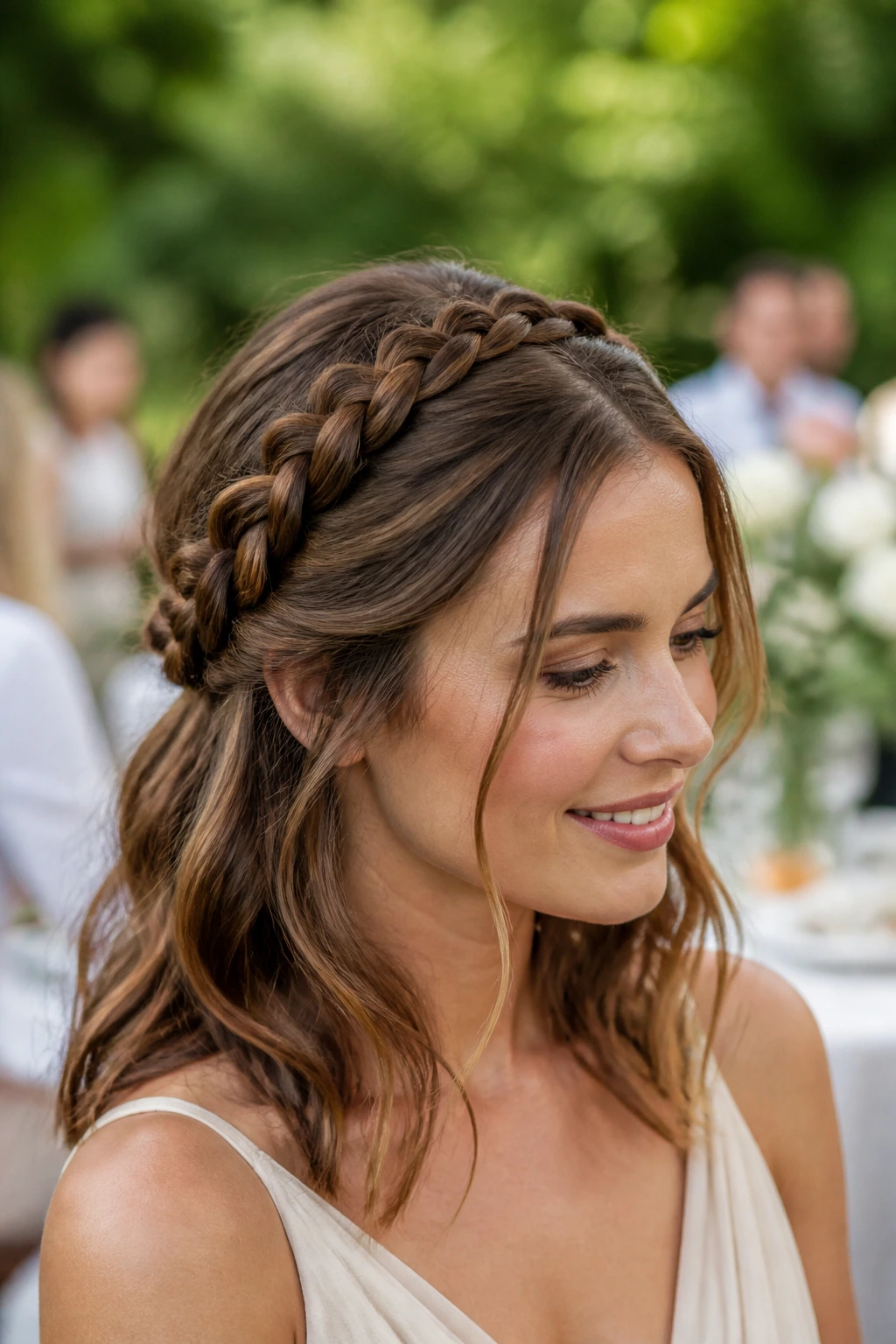 Close-up portrait of a real woman with Braided Crown Half-Up hairstyle