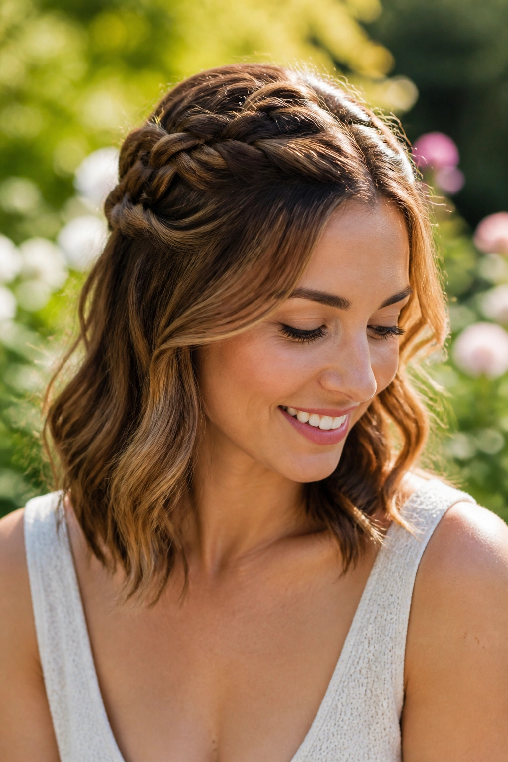 Close-up of a real woman with a braided crown half-up hairstyle.