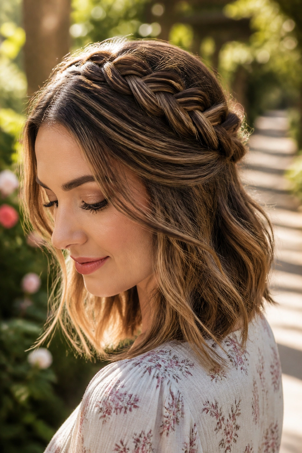 Close-up of a real woman wearing Braided Crown Half Updo with a crown braid along the scalp.