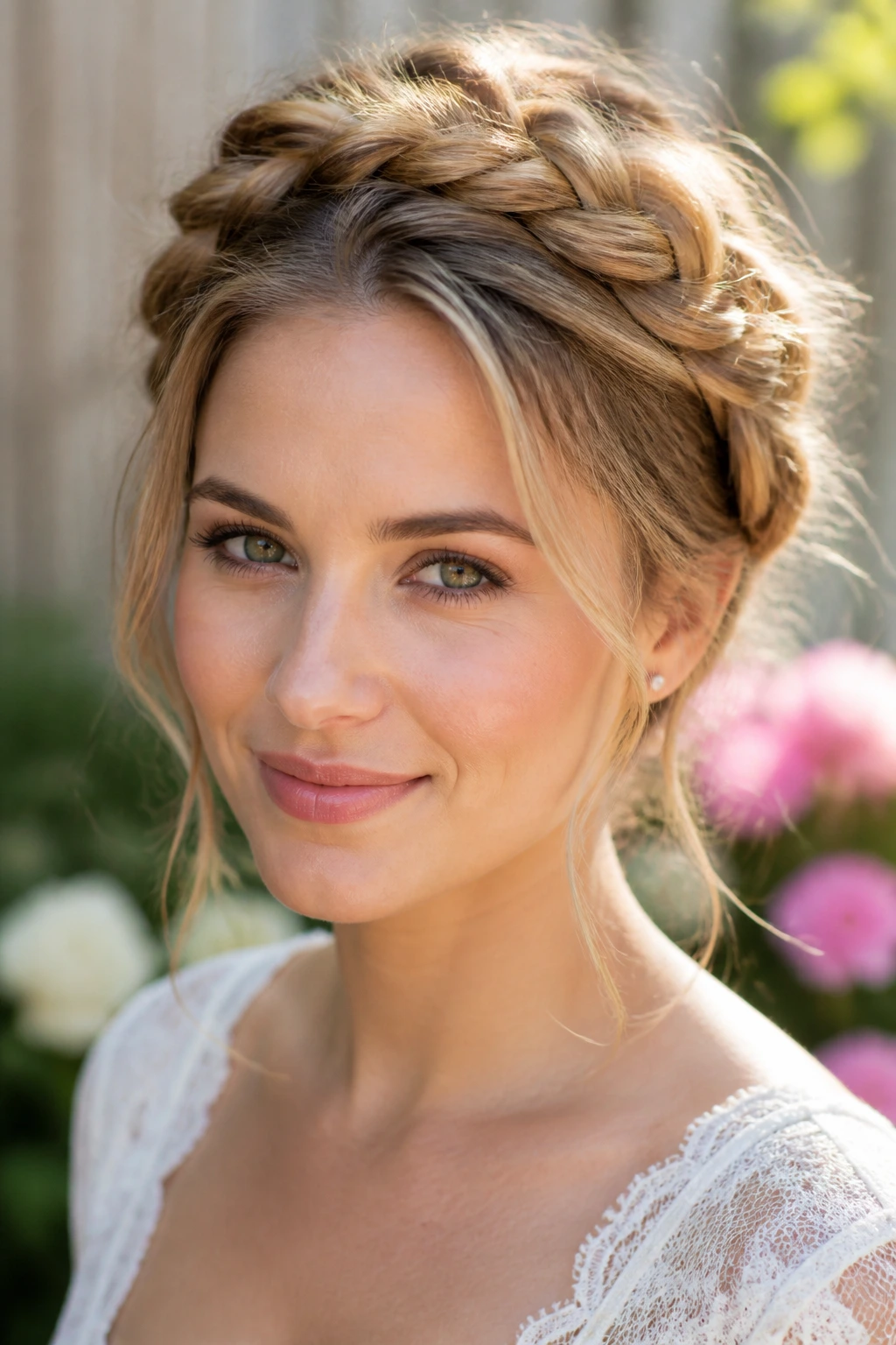Real person wearing a halo braid crown around the head.