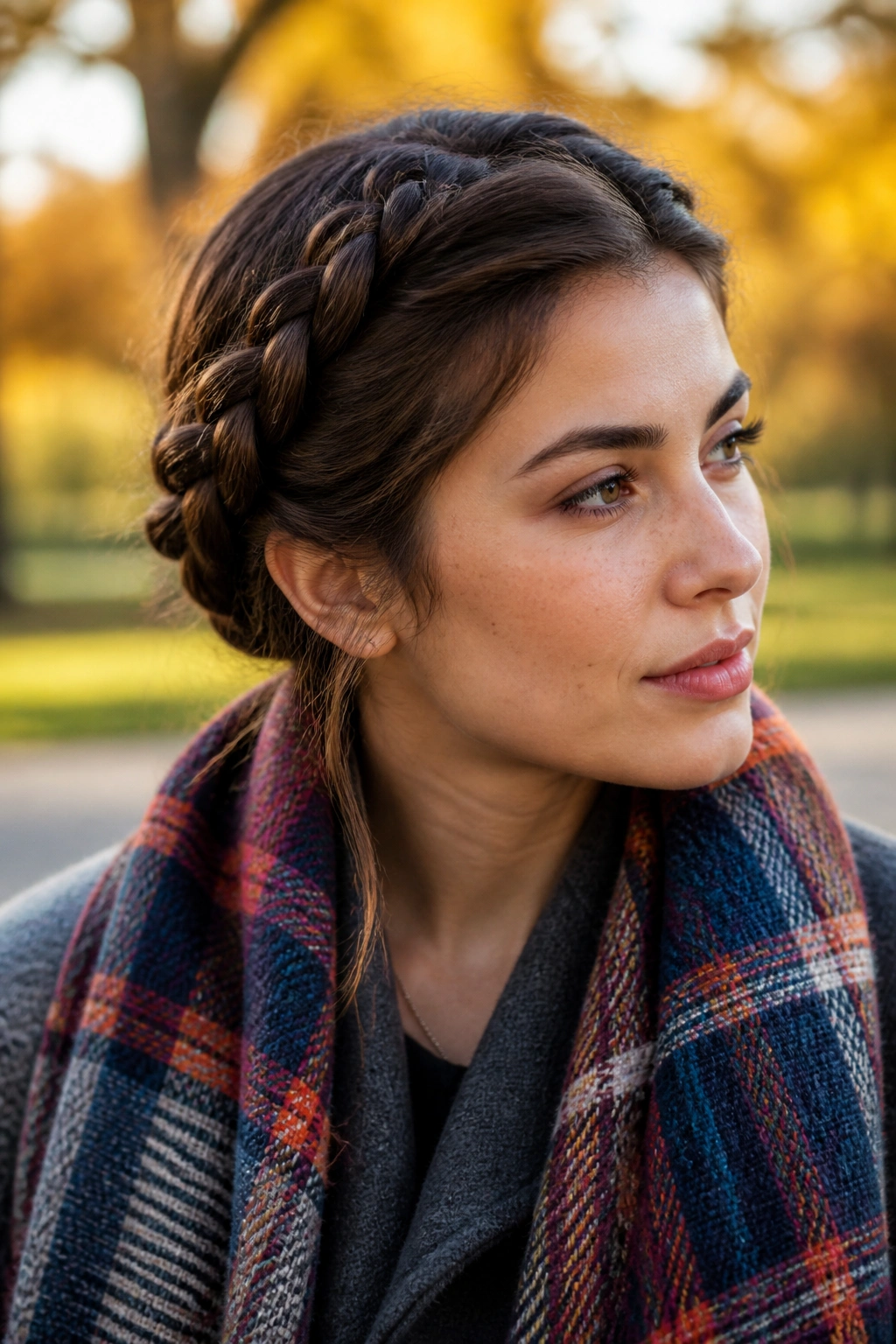 Real woman wearing a braided crown halo to keep hair off face