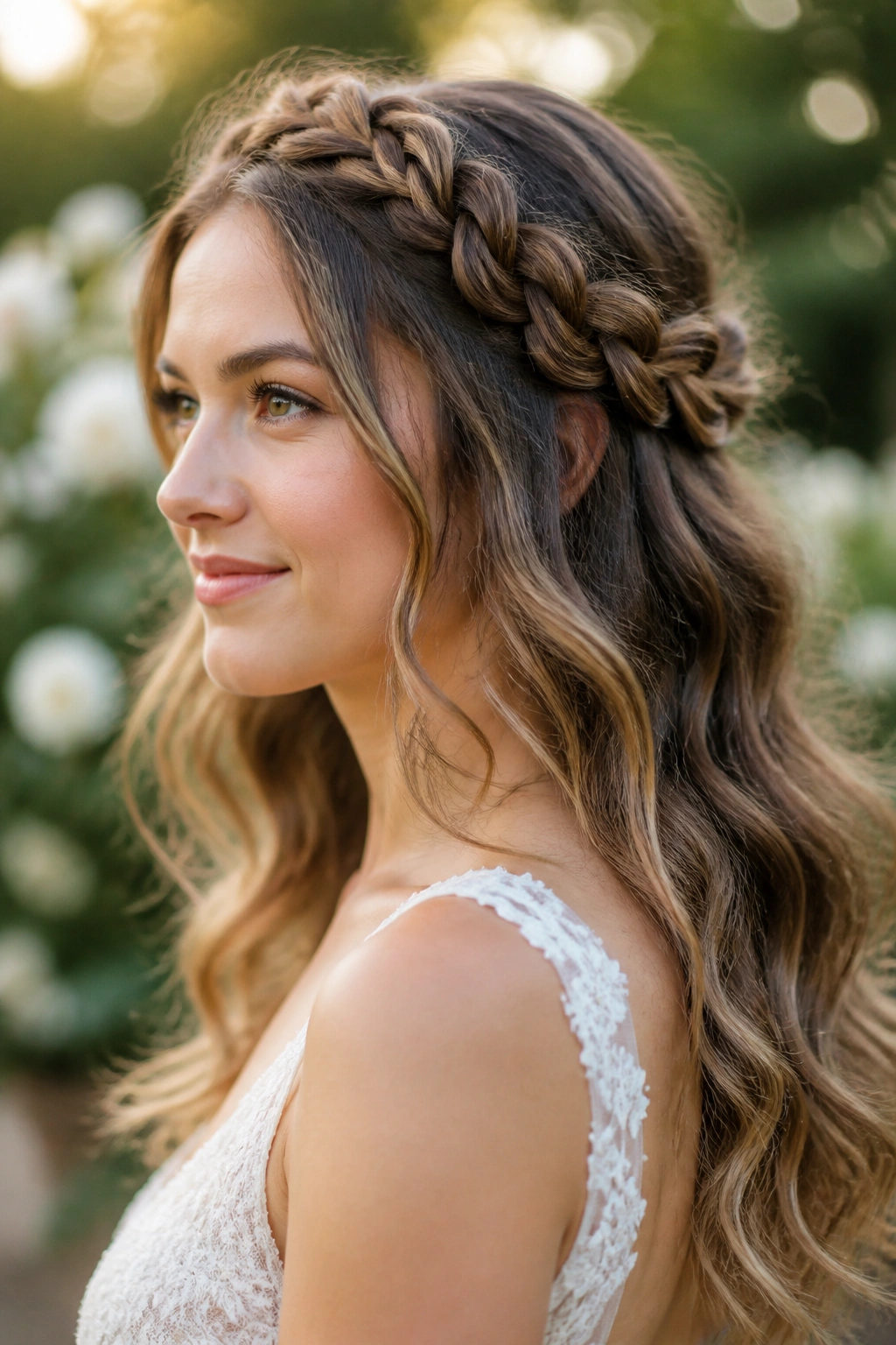 Outdoor bride wearing Braided Crown Halo