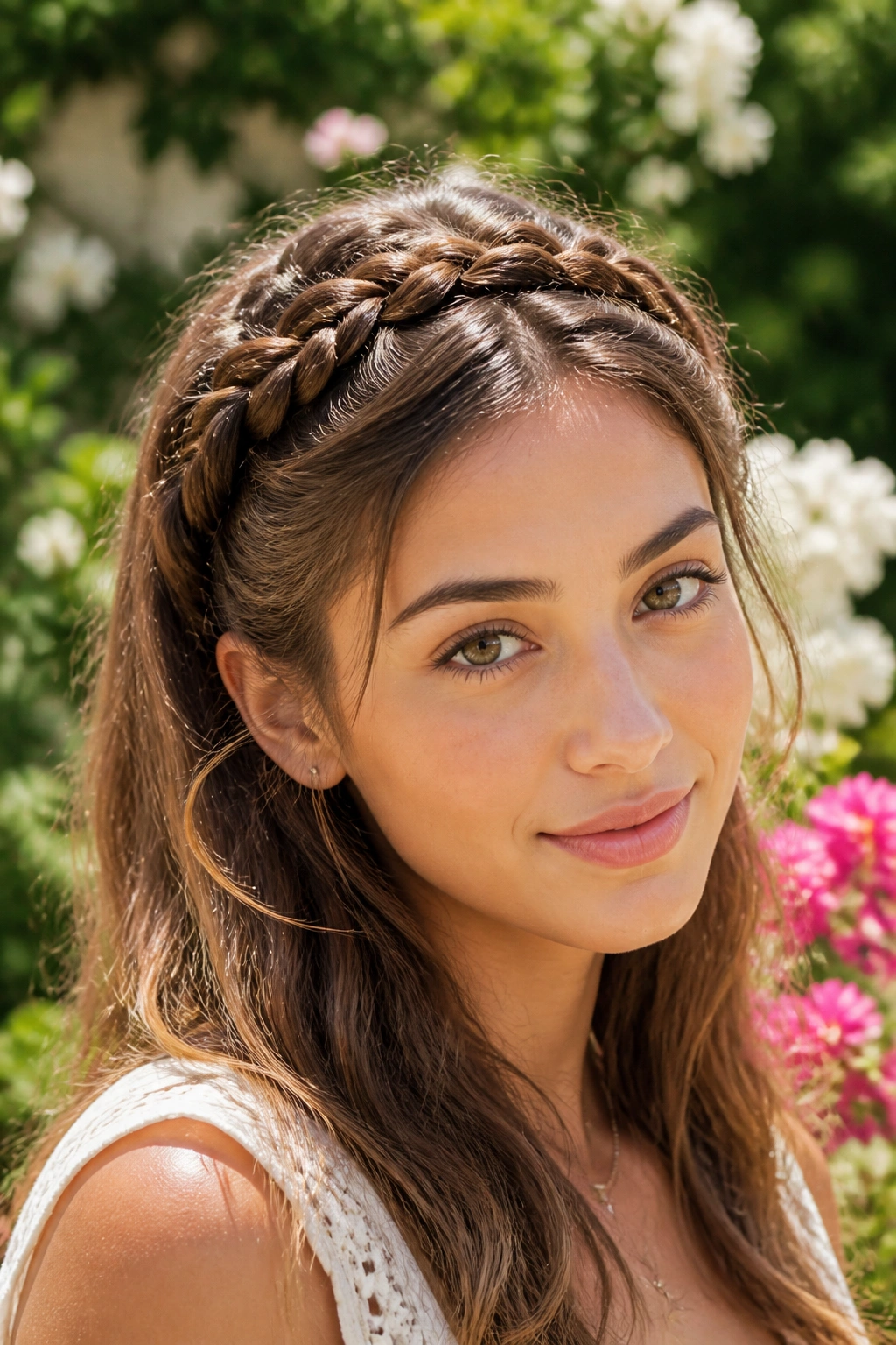 Close-up of a real woman wearing a braided crown across the head